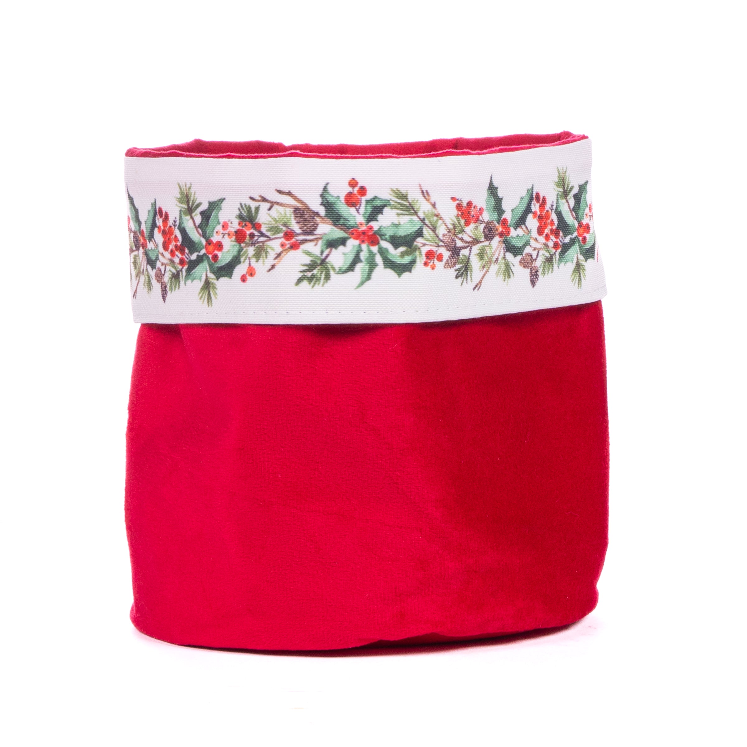 Cestino velluto rosso decorato con Agrifoglio, decorazione Natalizia.