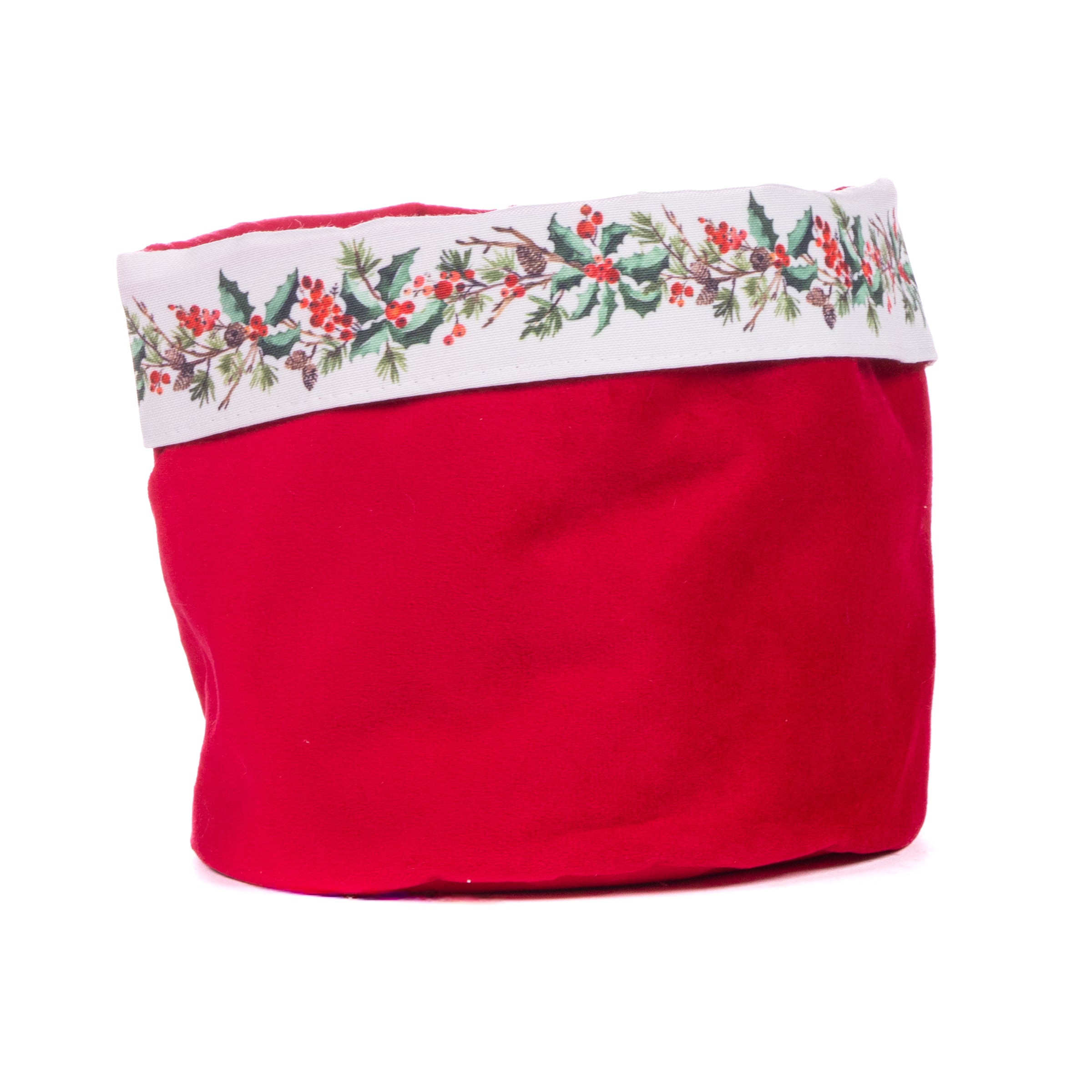 Cestino velluto rosso decorato con Agrifoglio, decorazione Natalizia.
