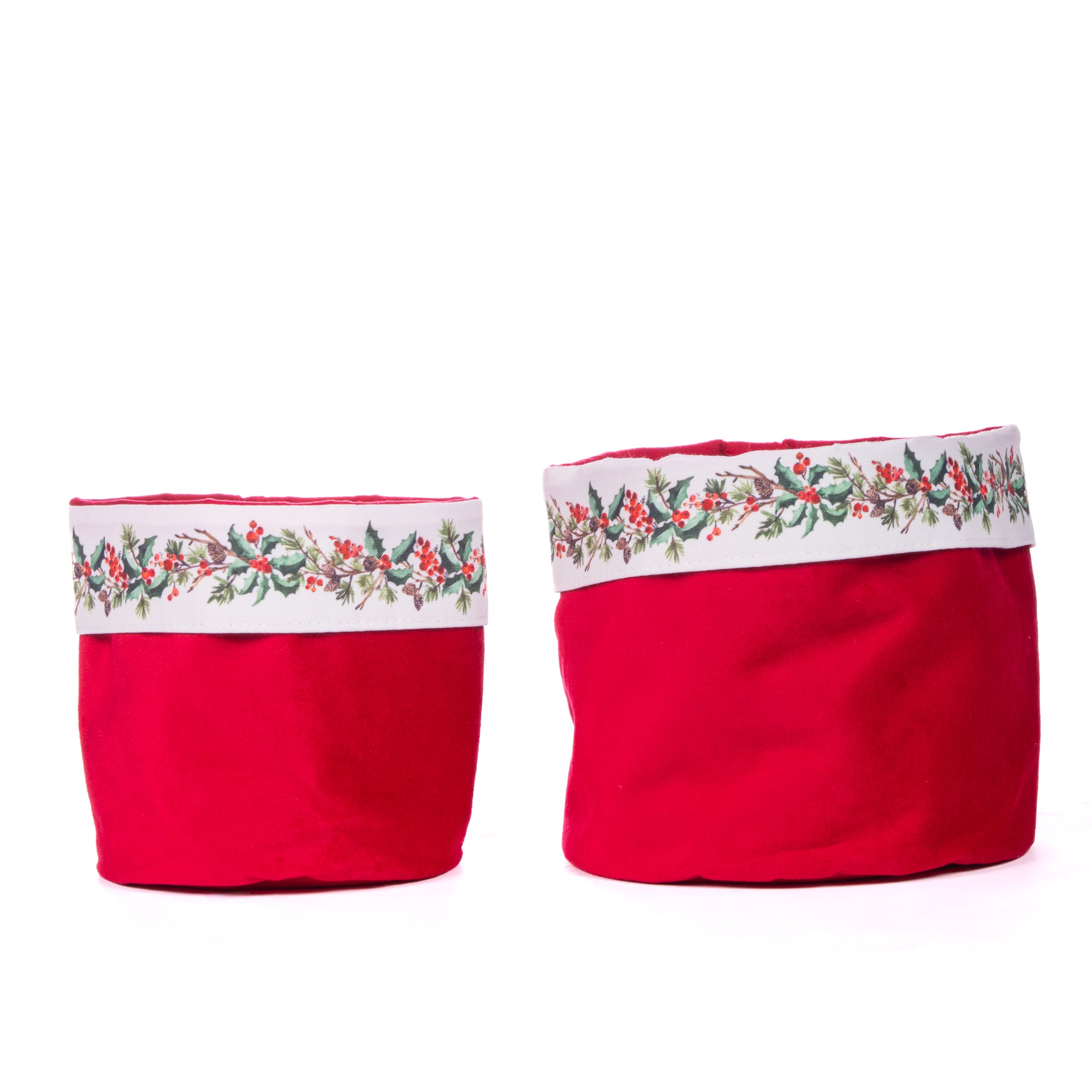 Cestino velluto rosso decorato con Agrifoglio, decorazione Natalizia.