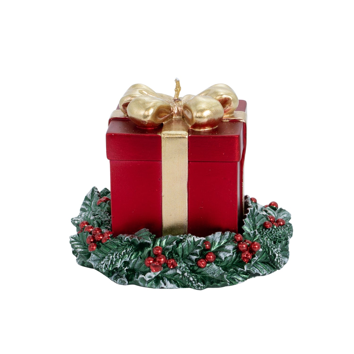 Candela pacco regalo con base ghirlanda e dettagli oro, decorazione Natalizia