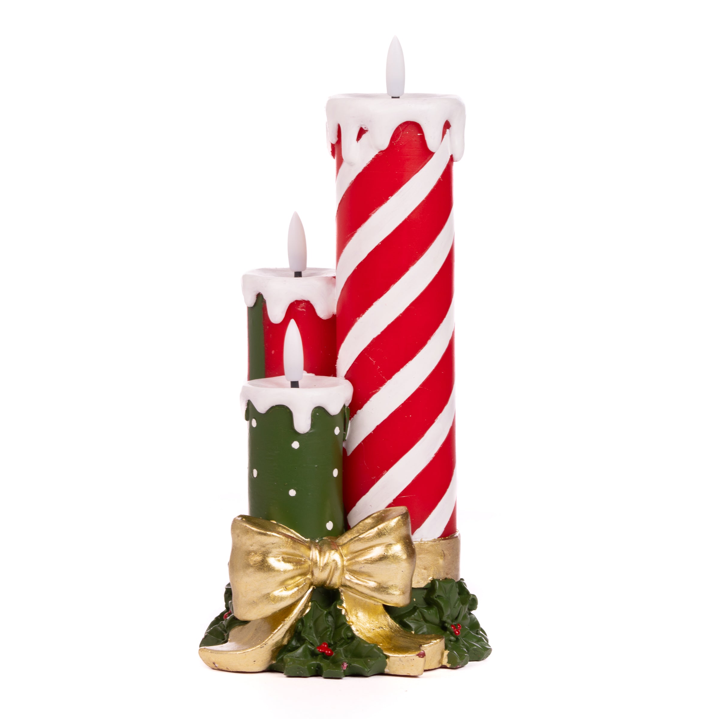 Set 3 candele led stile agrifoglio con fiocco color oro, decorazione Natalizia