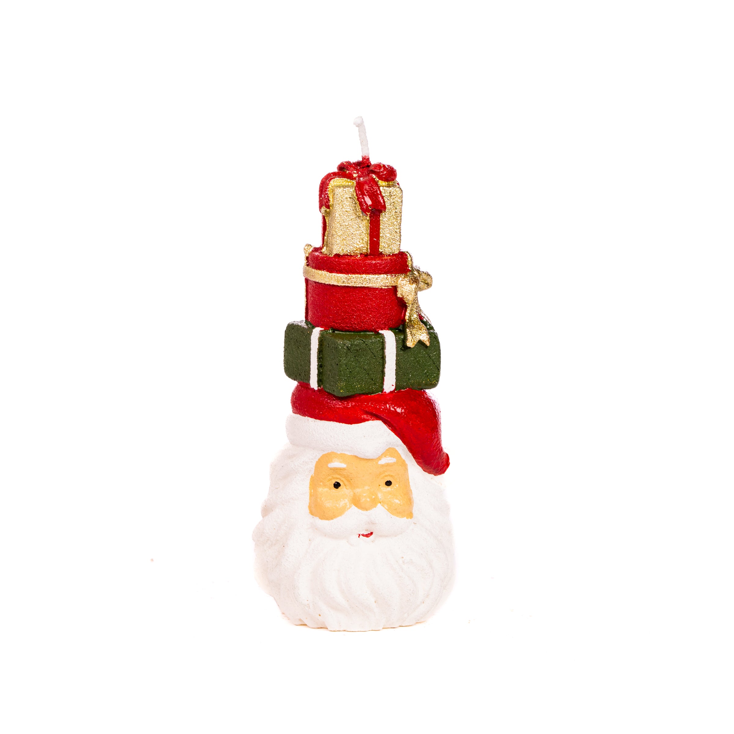 Candela Babbo Natale in cera decorata con pacchi regali, decorazione Natalizia