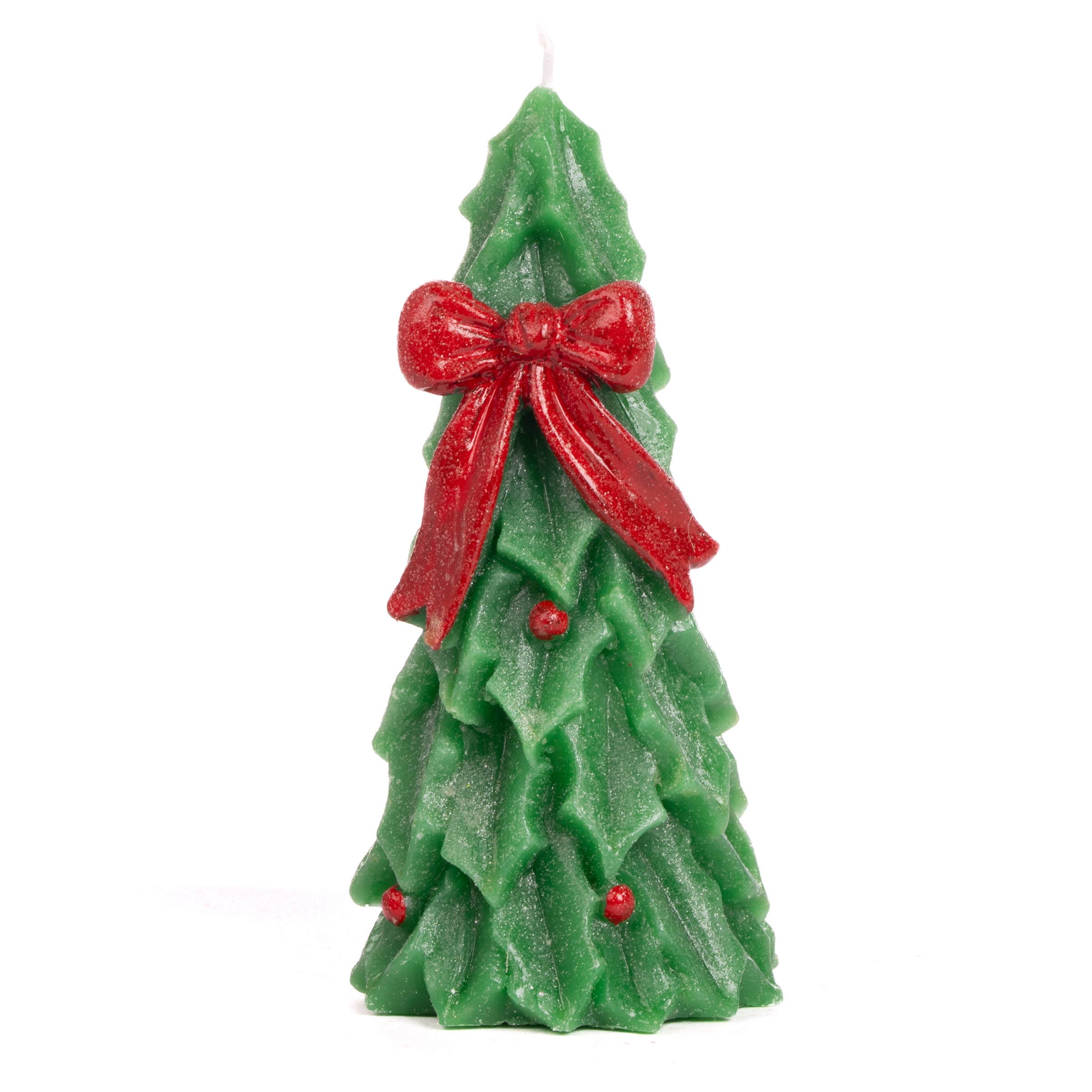Candela albero in cera decorata con fiocco rosso, decorazione Natalizia