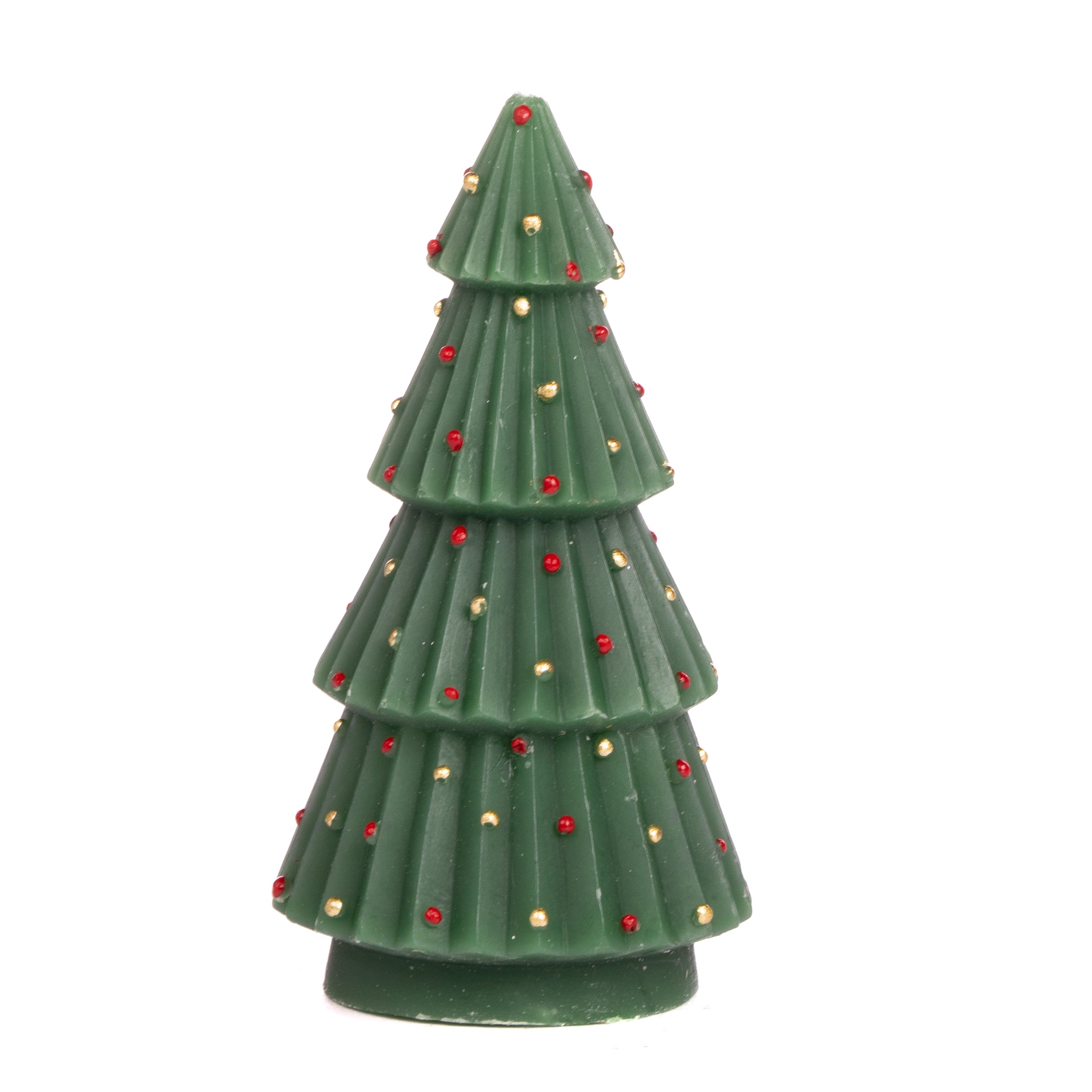 Candela albero in cera decorata con palline natalizie, decorazione Natalizia