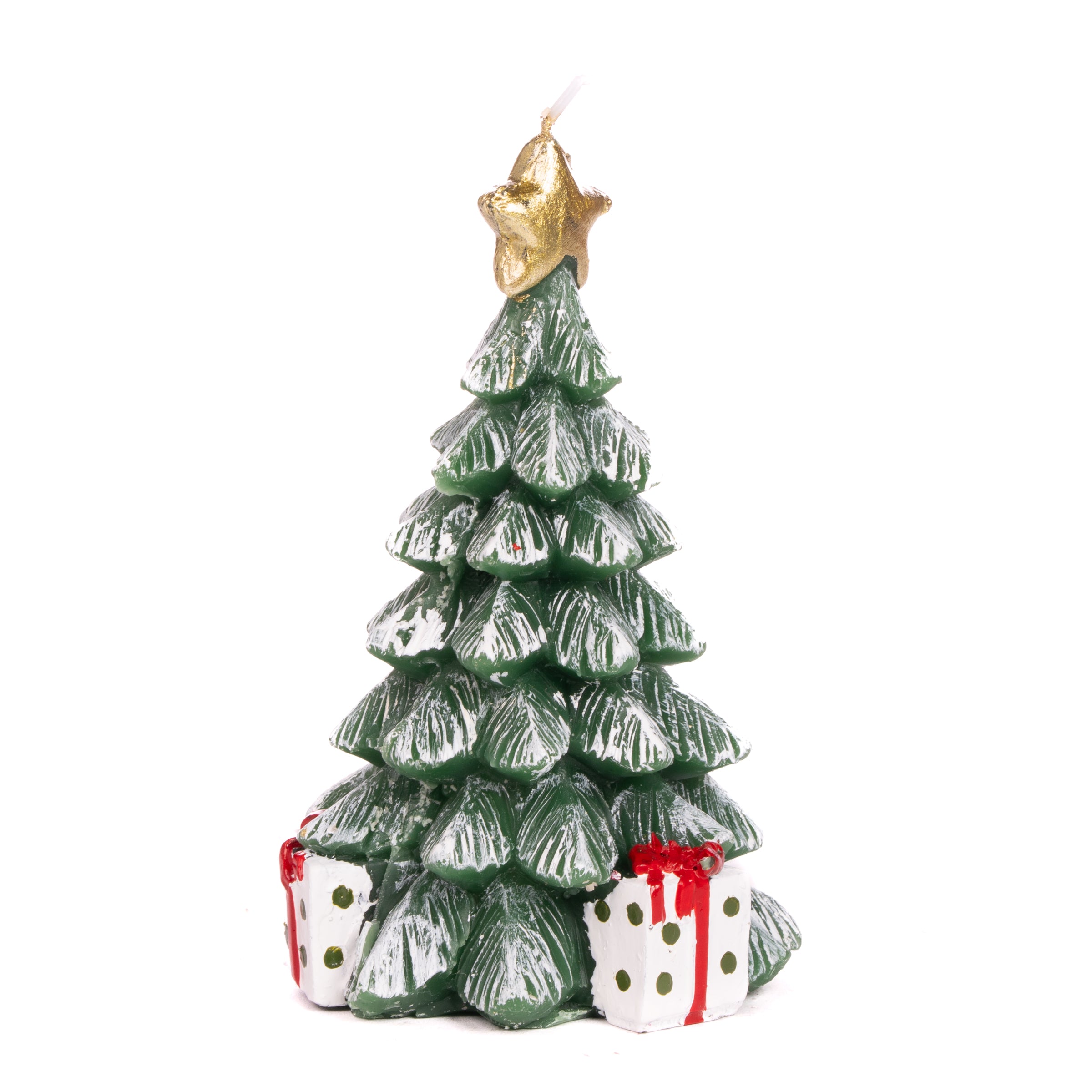 Candela albero in cera decorata con pacchi regalo, decorazione Natalizia