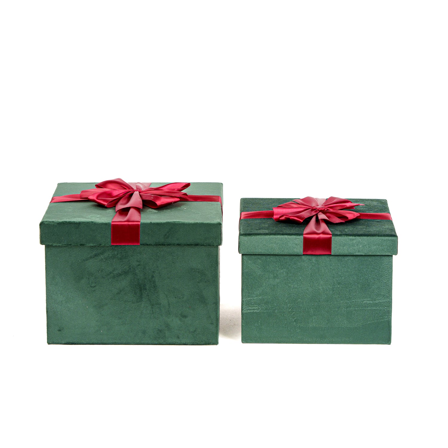 Set 2 scatole in velluto di colore verde decorate con fiocco, decorazione Natalizia.