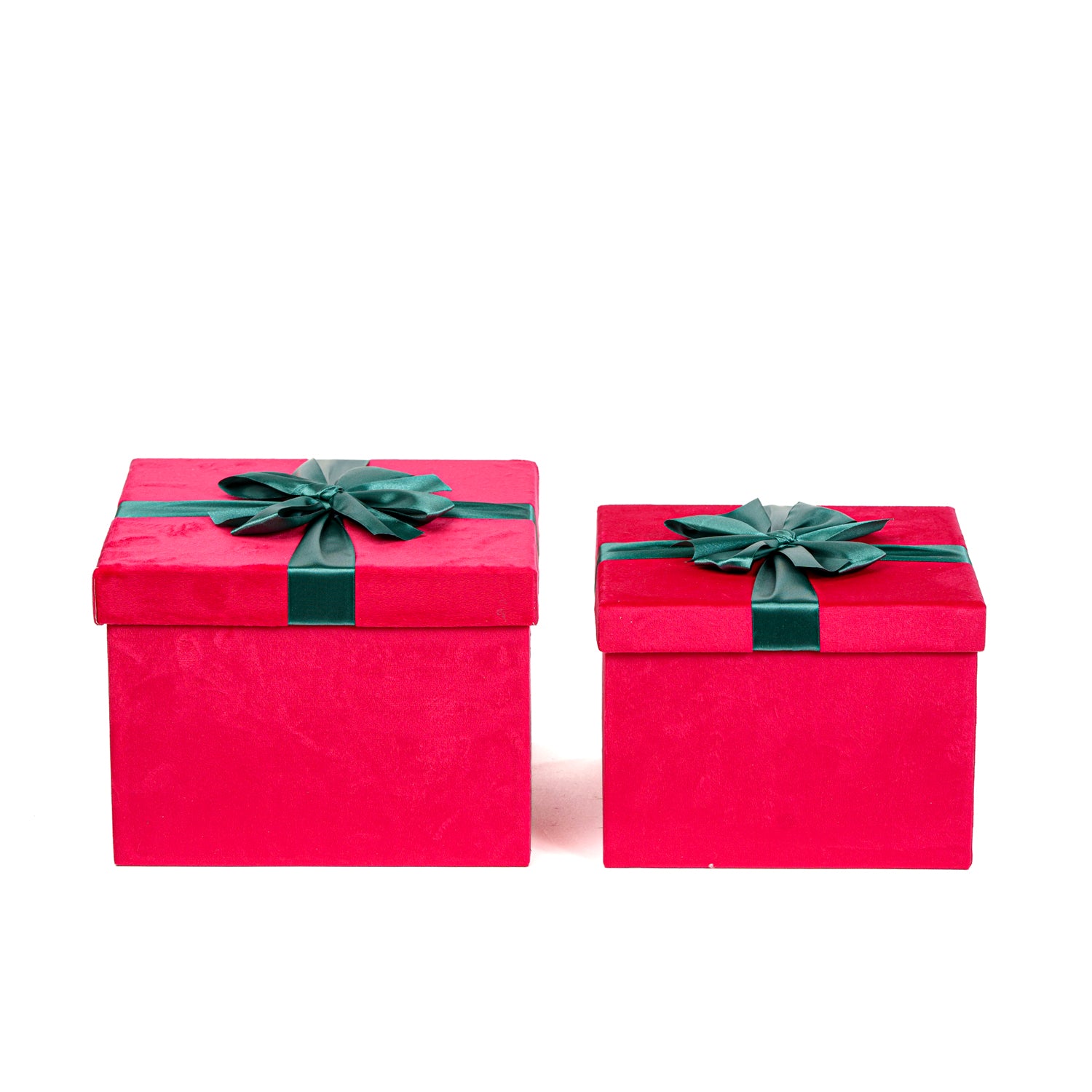 Set 2 scatole in velluto di colore rosso decorate con fiocco, decorazione Natalizia.