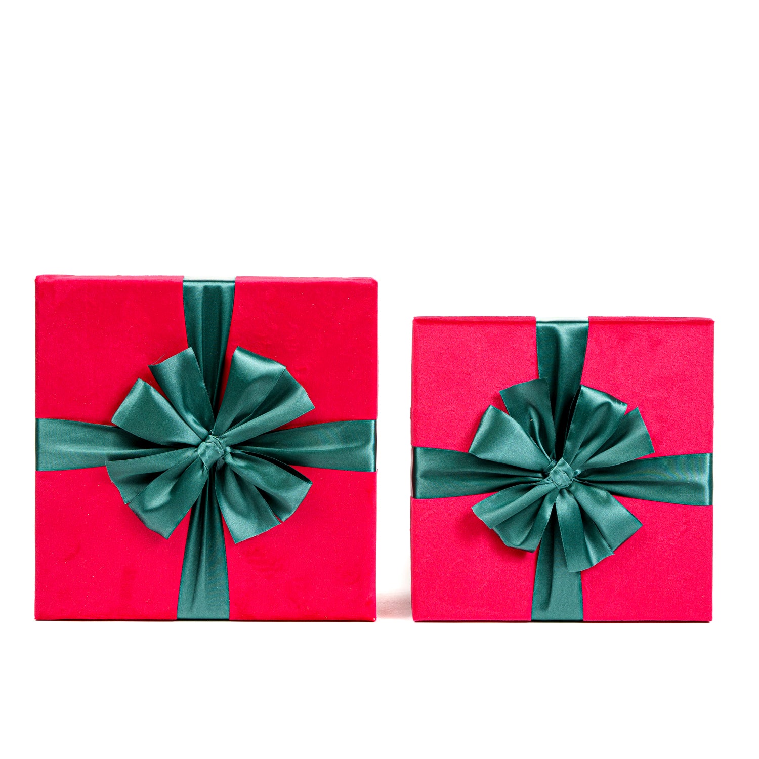Set 2 scatole in velluto di colore rosso decorate con fiocco, decorazione Natalizia.