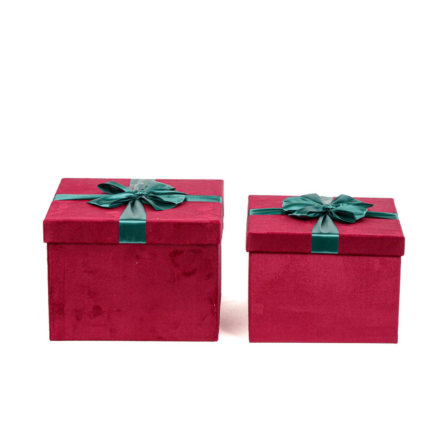 Set 2 scatole in velluto di colore bordeaux decorate con fiocco, decorazione Natalizia.