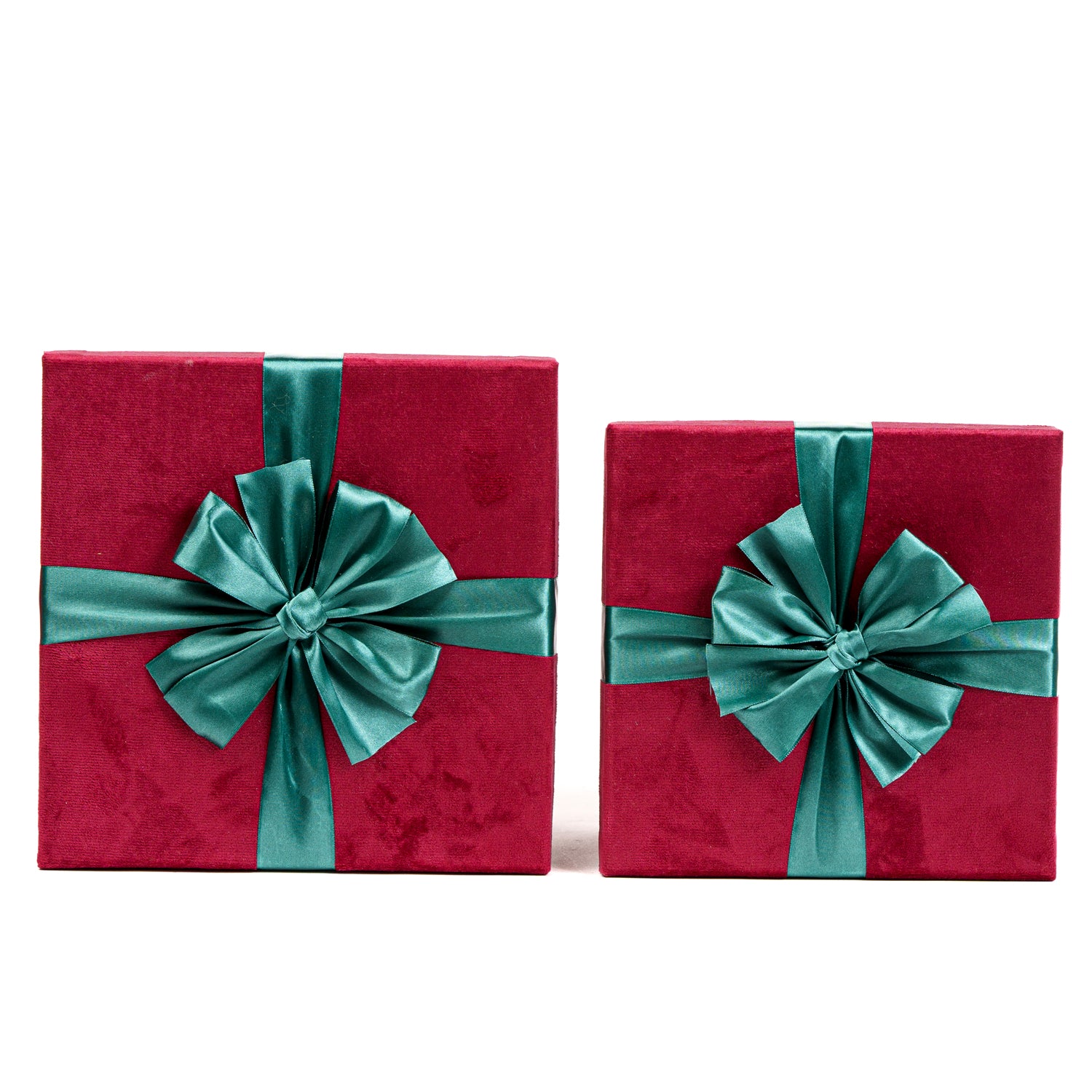 Set 2 scatole in velluto di colore bordeaux decorate con fiocco, decorazione Natalizia.