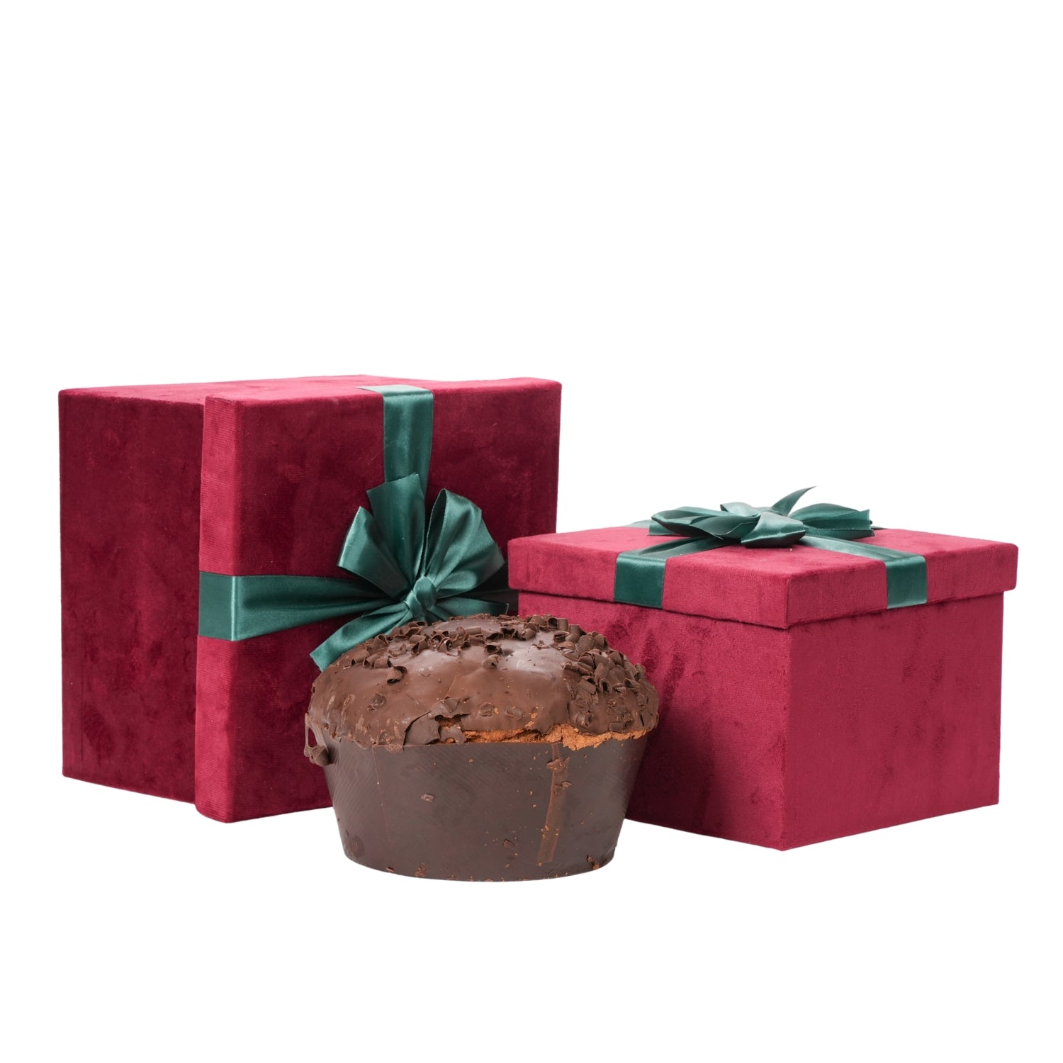 Set 2 scatole in velluto di colore bordeaux decorate con fiocco, decorazione Natalizia.