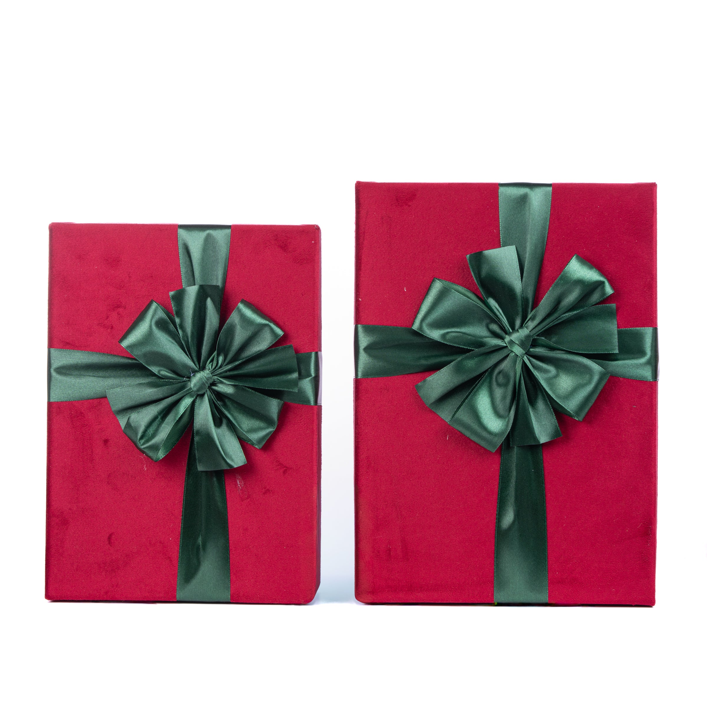 Set 2 scatole in velluto di colore bordeaux decorate con fiocco, decorazione Natalizia.