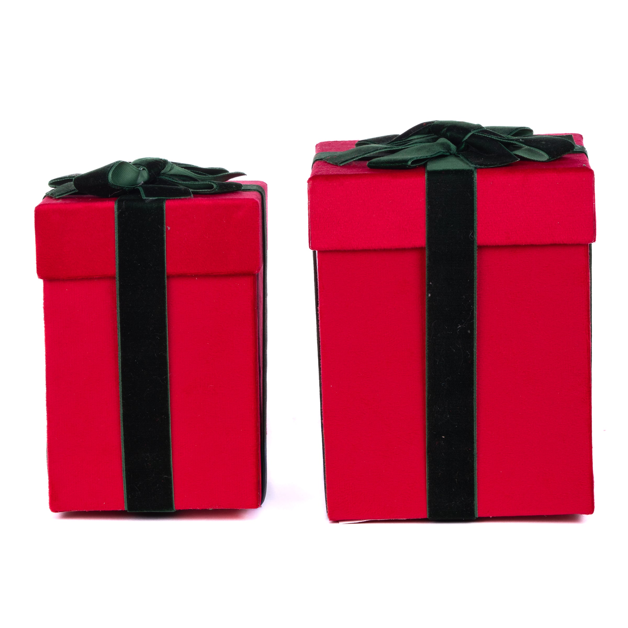 Set 2 scatole in velluto di colore rosso decorate con fiocco, decorazione Natalizia.