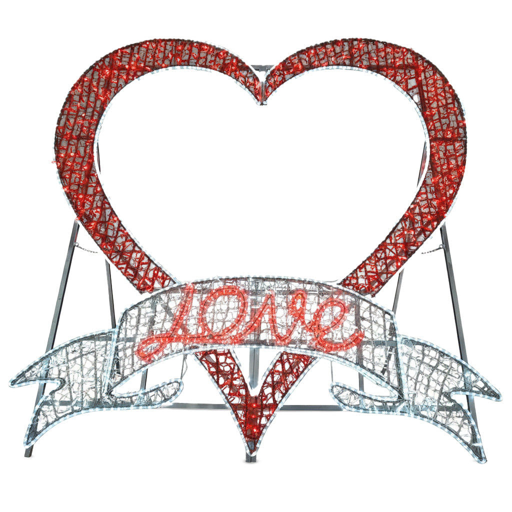 Struttura luminosa in 2D a forma di cuore con scritta LOVE, 220X220CM