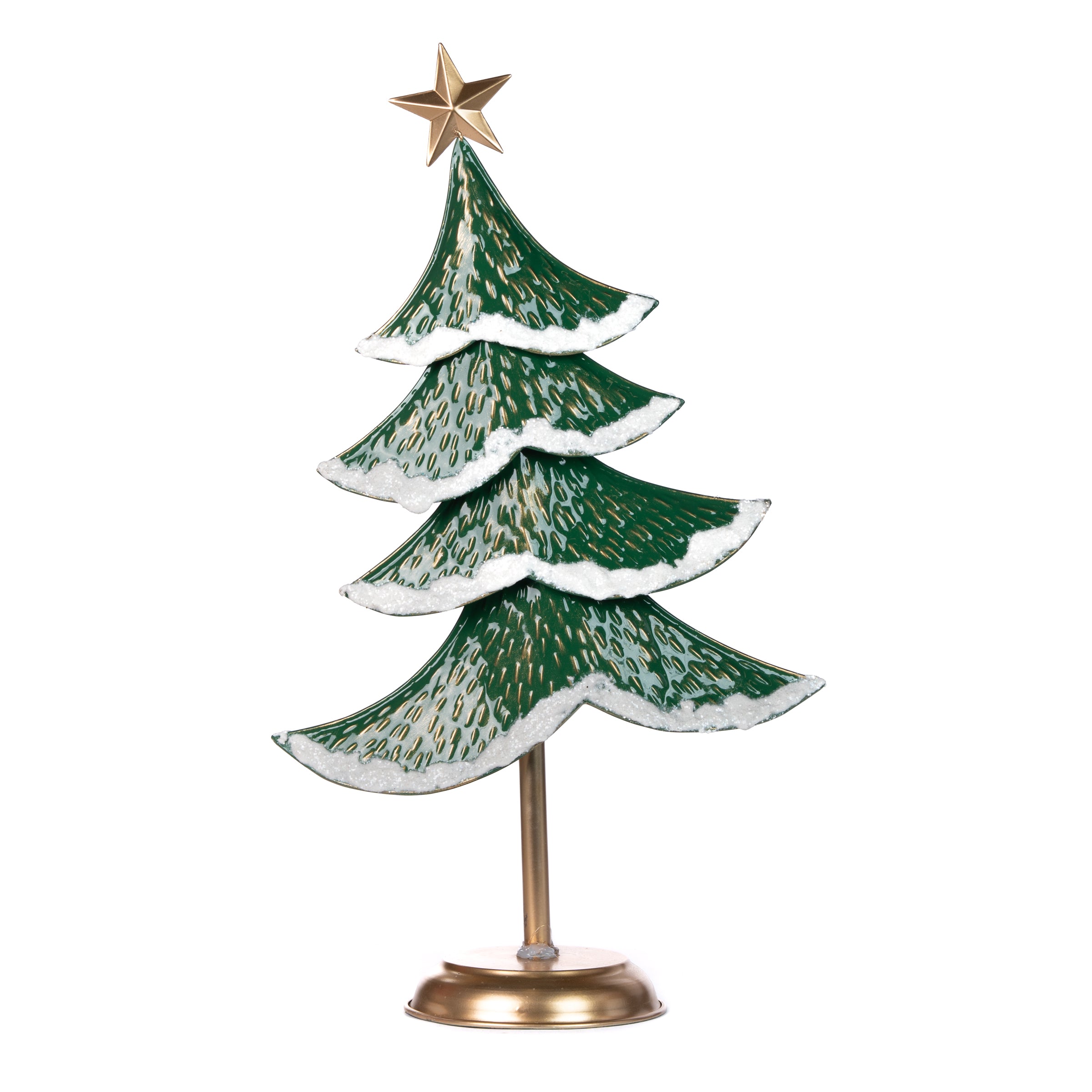 Albero in latta Xmas di colore verde con base di colore oro, decorazione Natalizia