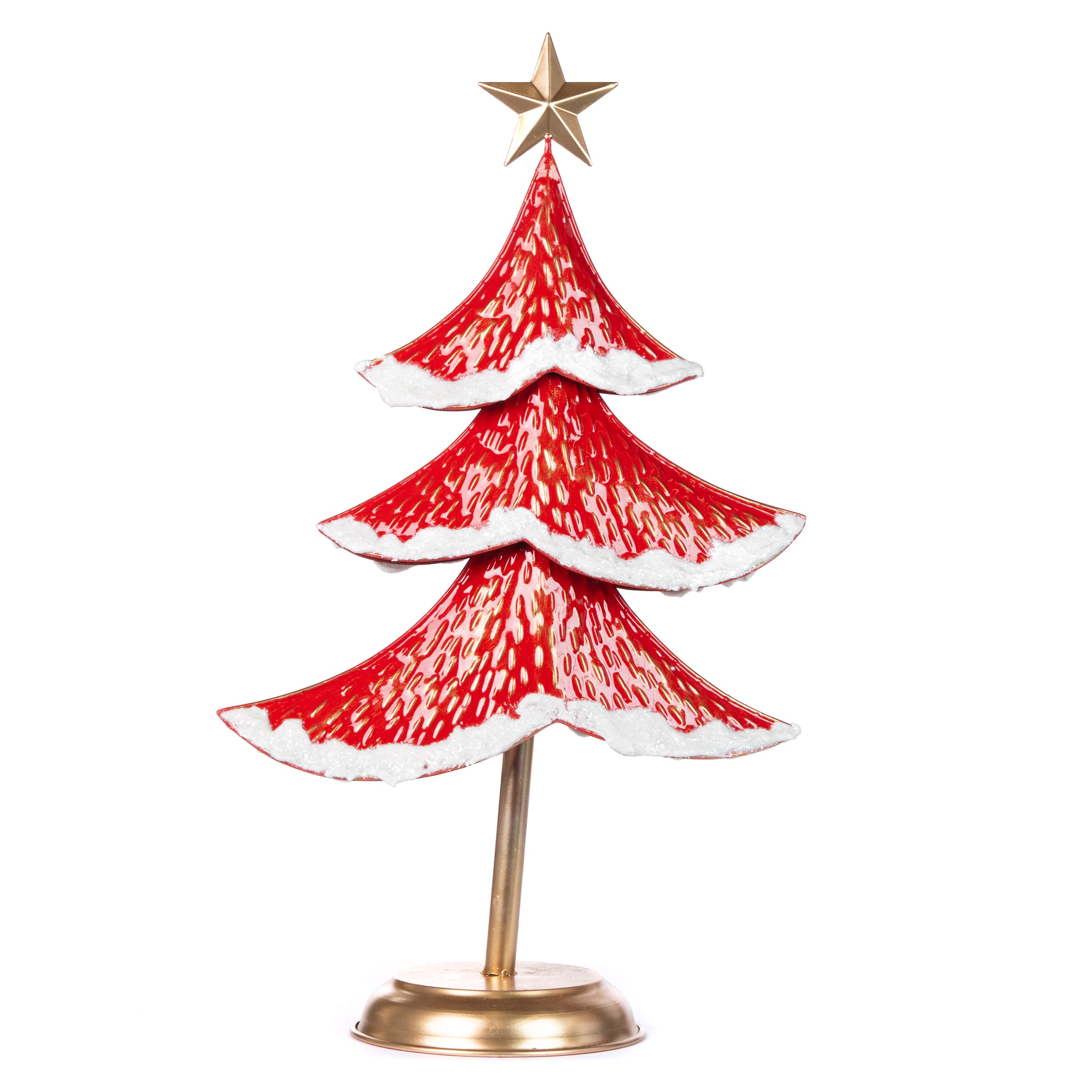 Albero in latta Xmas di colore rosso con base di colore oro, decorazione Natalizia