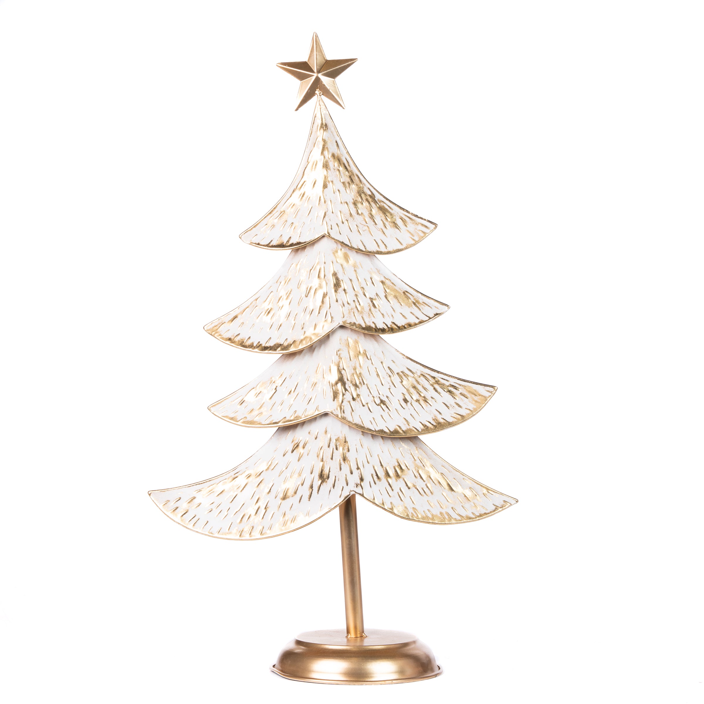 Albero in latta Xmas di colore bianco con base di colore oro, decorazione Natalizia