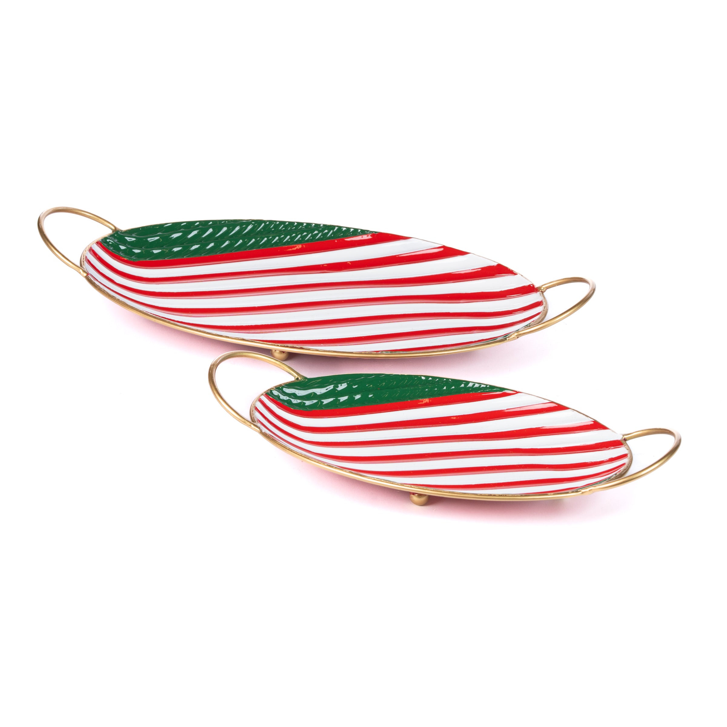 Set 2 vassoi in latta stile caramella con manici color oro, decorazione Natalizia