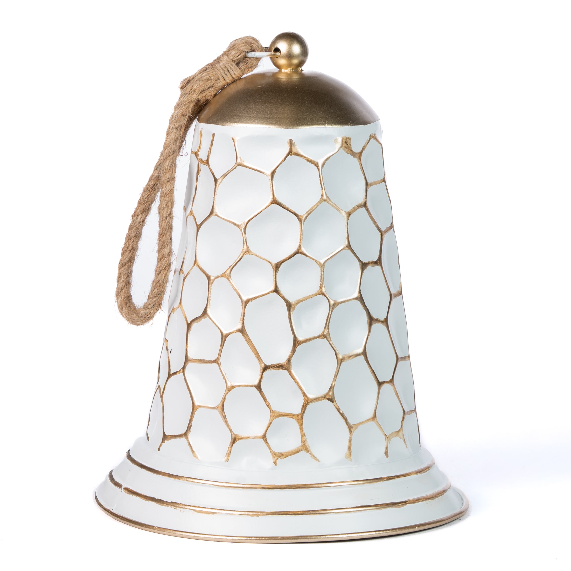 Campana in latta di colore bianco con dettagli oro, decorazione Natalizia