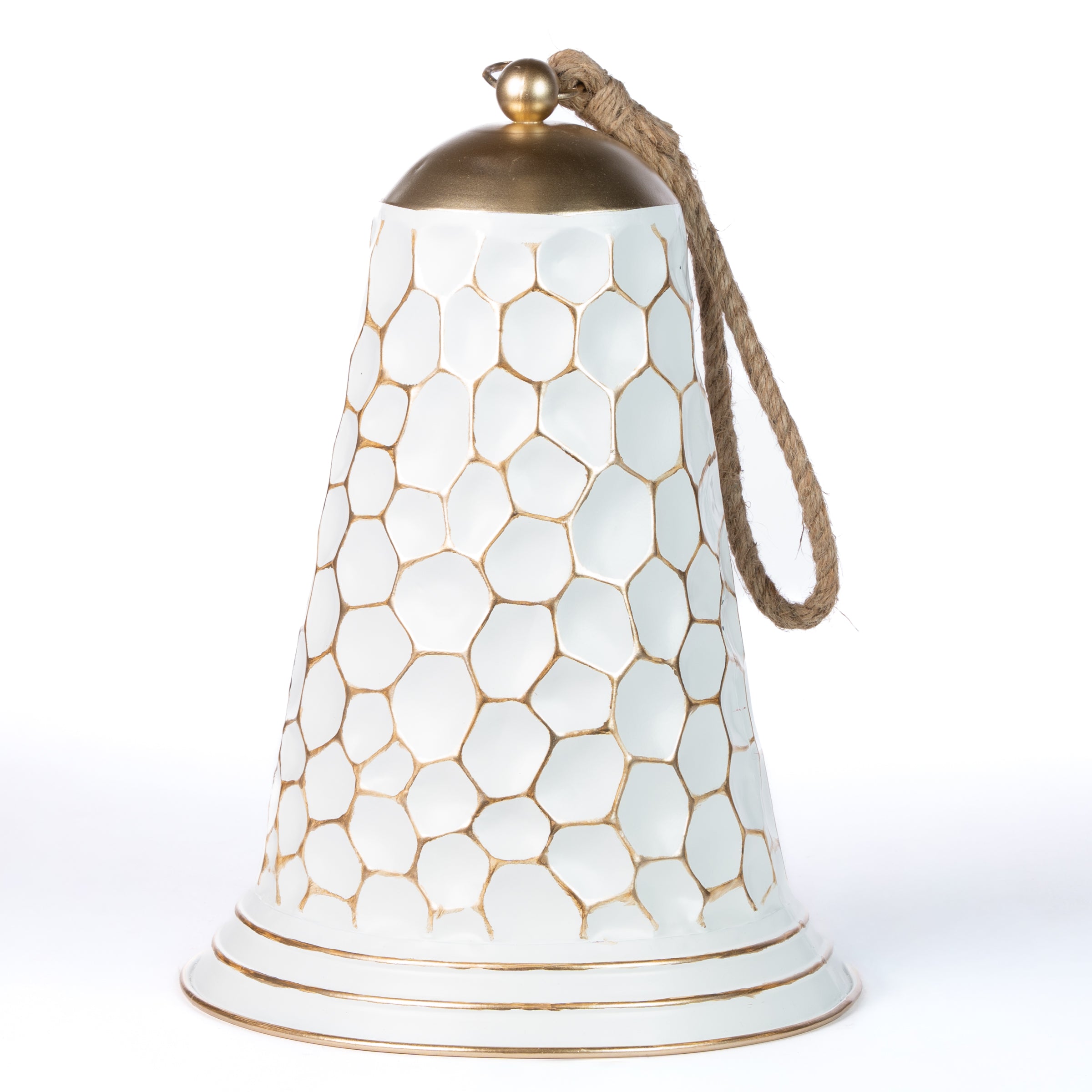 Campana in latta di colore bianco con dettagli oro, decorazione Natalizia