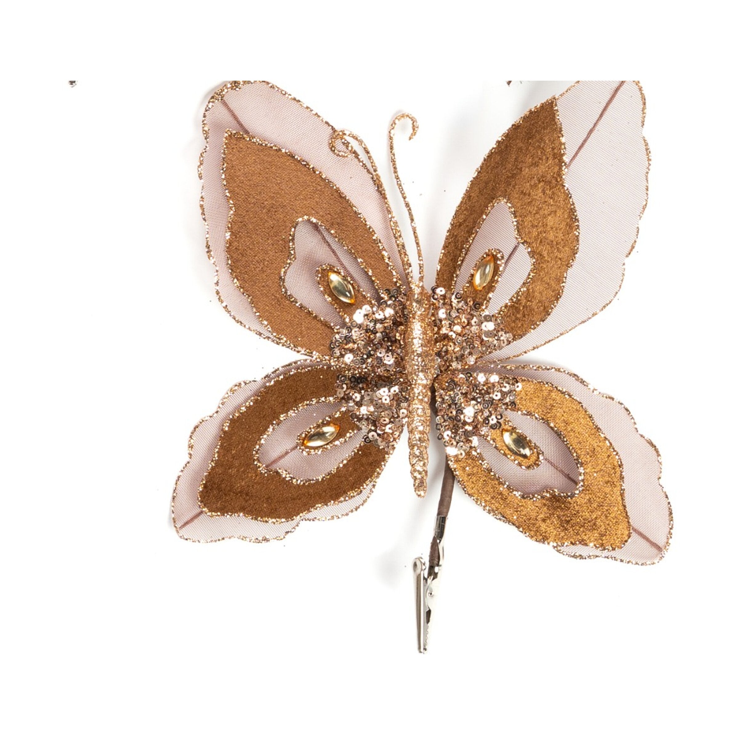 Pick Farfalla in velluto di colore marrone con glitter, decorazione Natalizia.