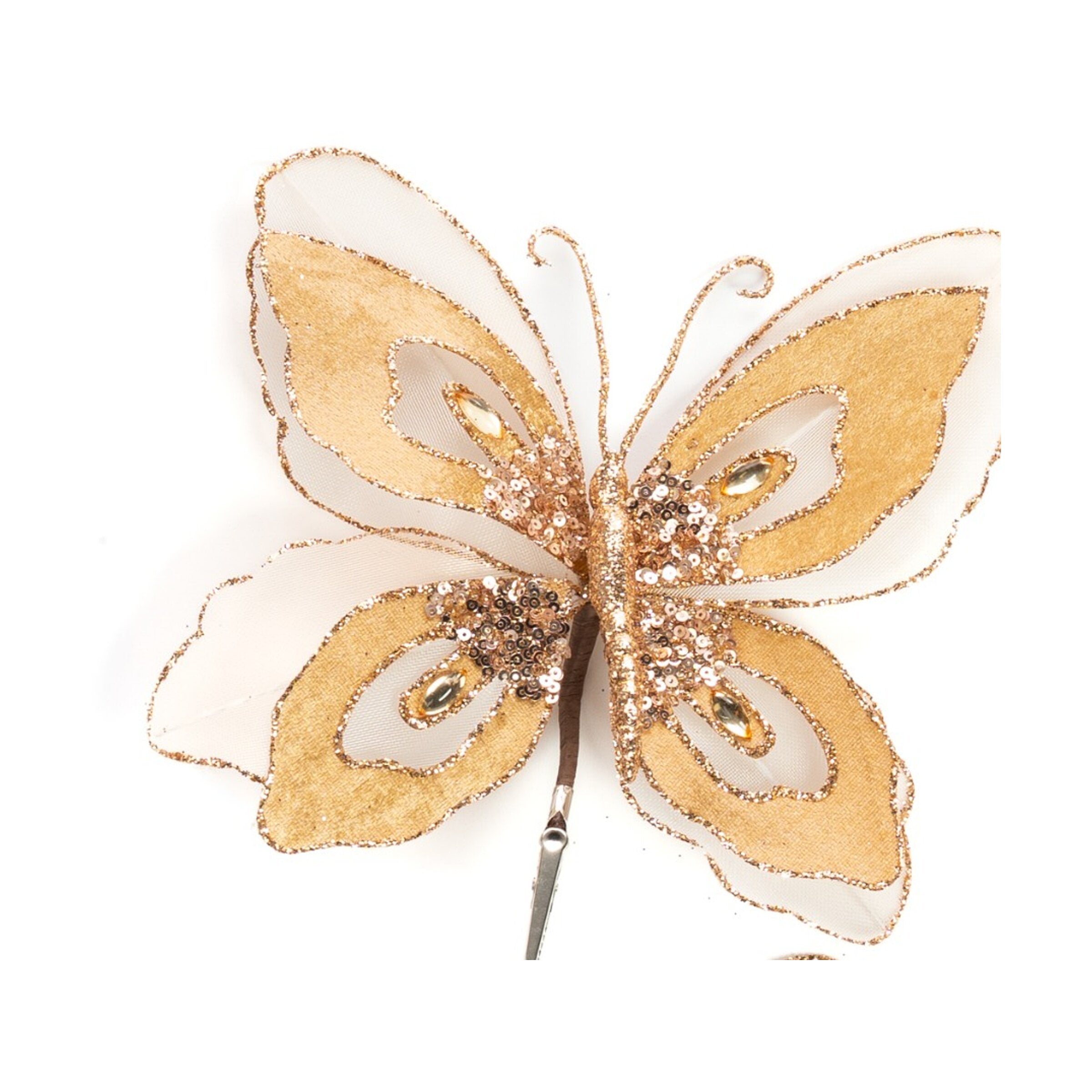 Pick Farfalla in velluto di colore champagne con glitter, decorazione Natalizia.