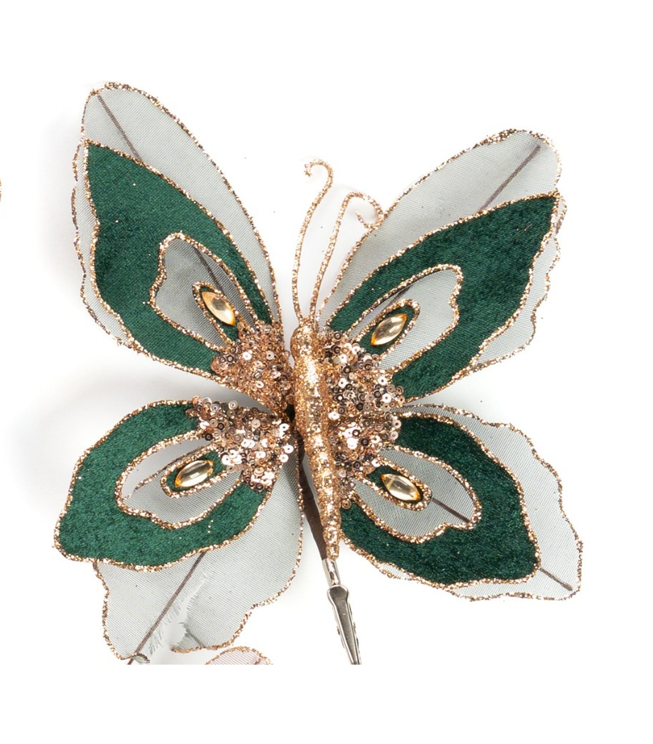 Pick Farfalla in velluto di colore verde con glitter, decorazione Natalizia.