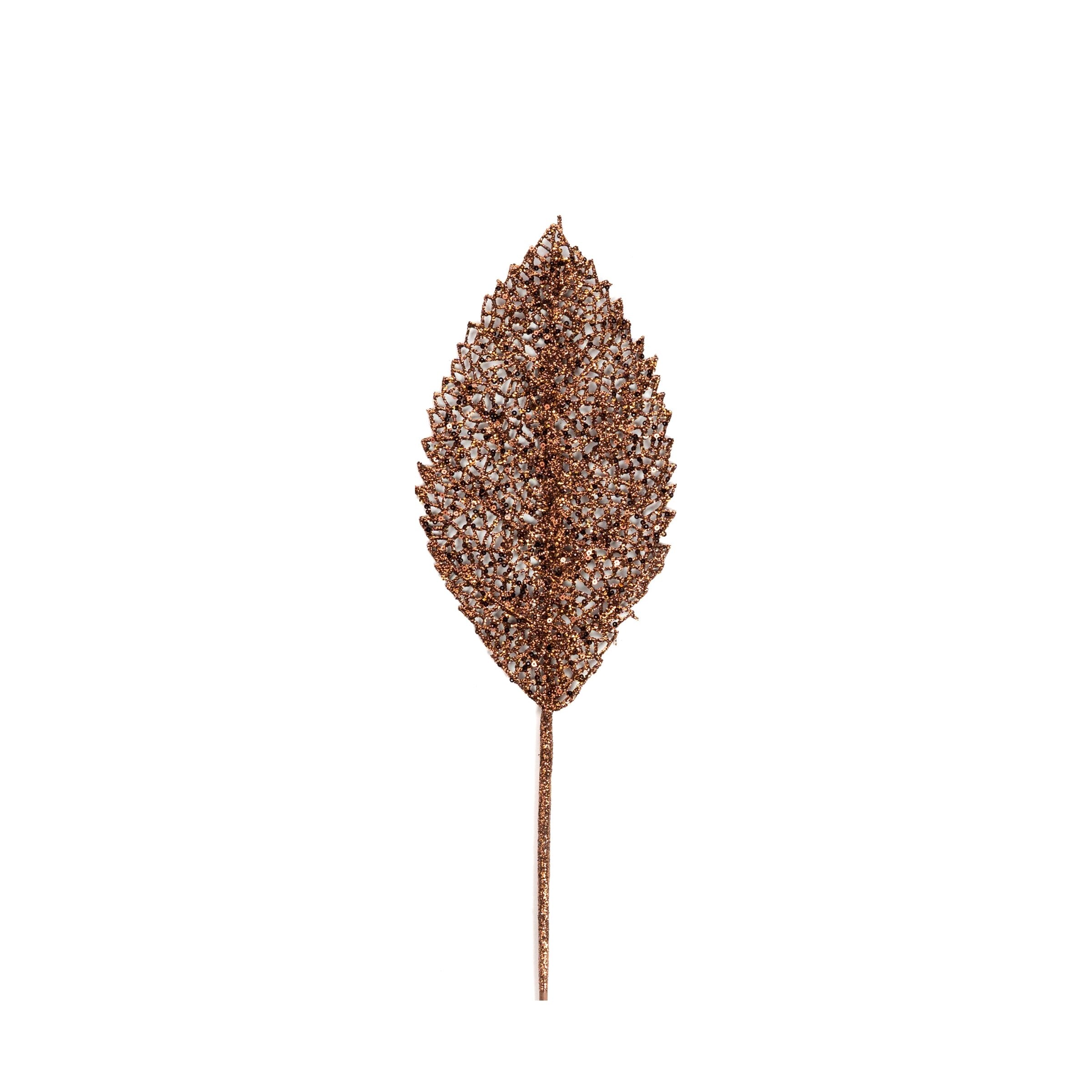 Ramo Foglia di colore marrone con Glitter, decorazione Natalizia.