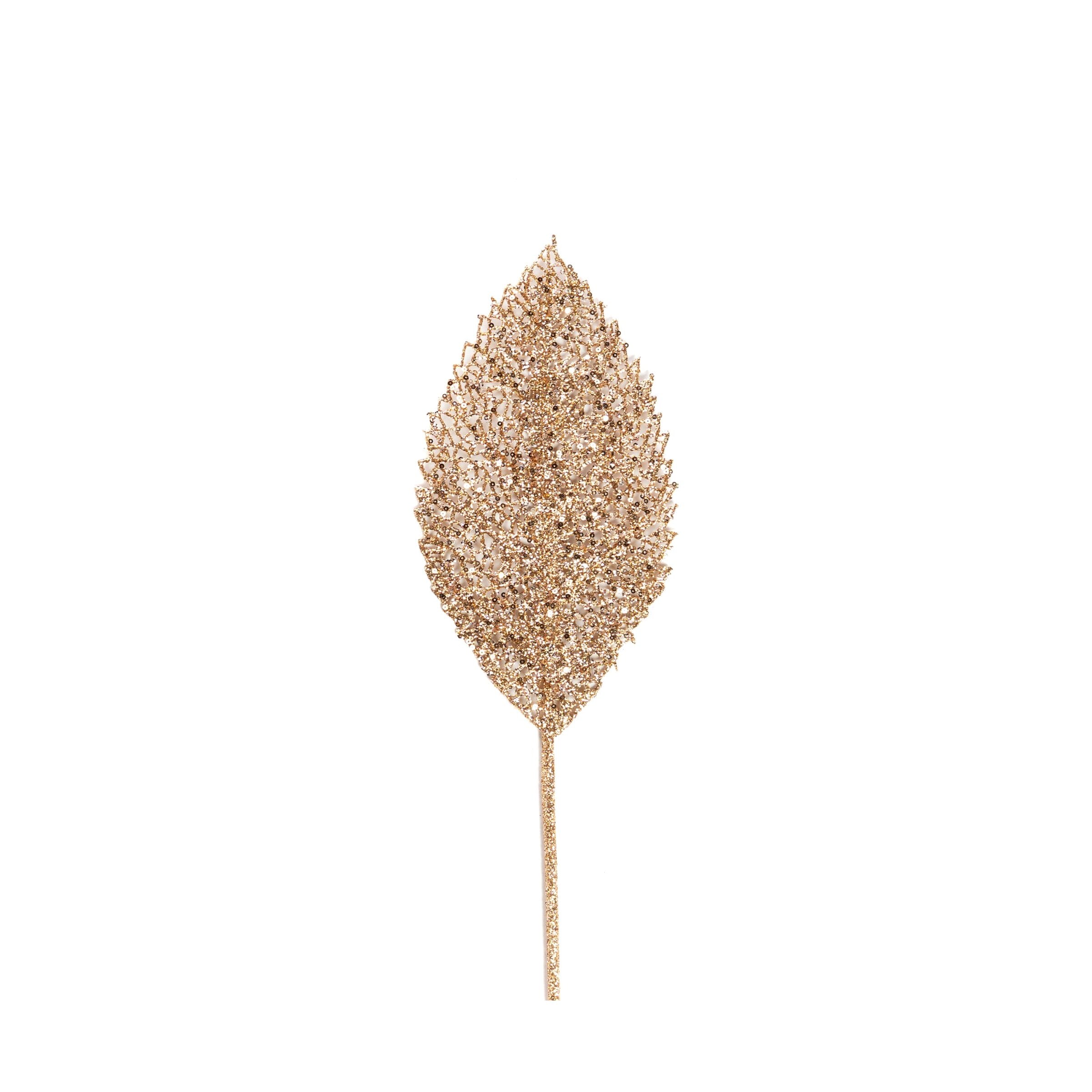Ramo Foglia di colore champagne con Glitter, decorazione Natalizia.