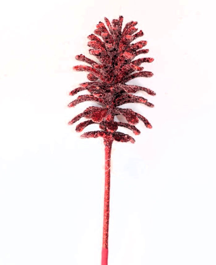 Ramo Pigna di colore rosso con Glitter, decorazione Natalizia.