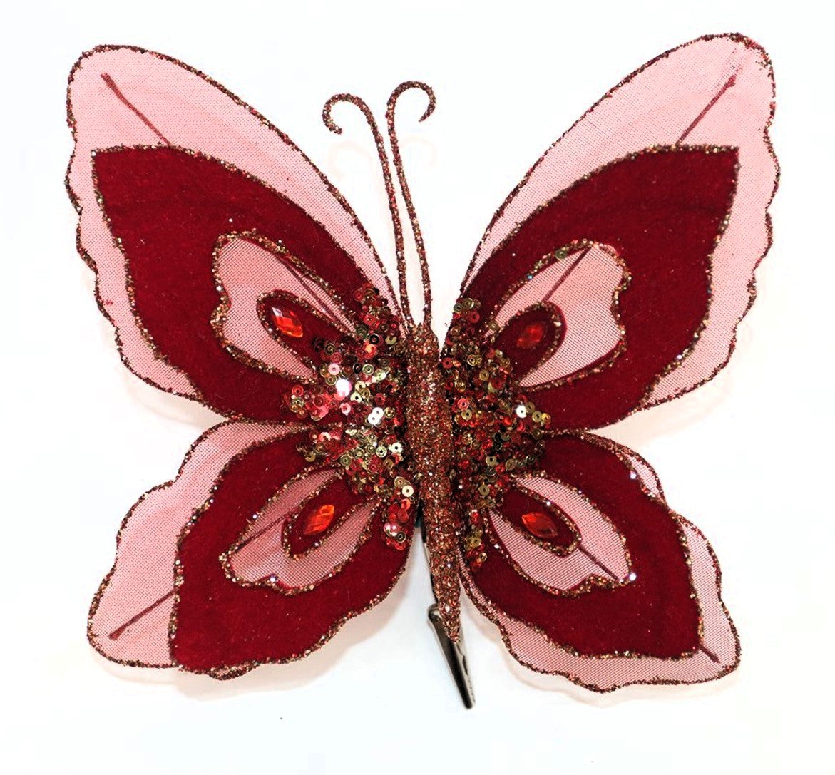 Pick Farfalla in velluto di colore rosso con glitter, decorazione Natalizia.