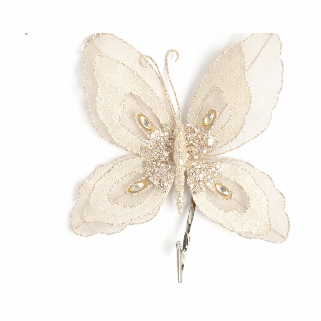 Pick Farfalla in velluto di colore crema con glitter, decorazione Natalizia.