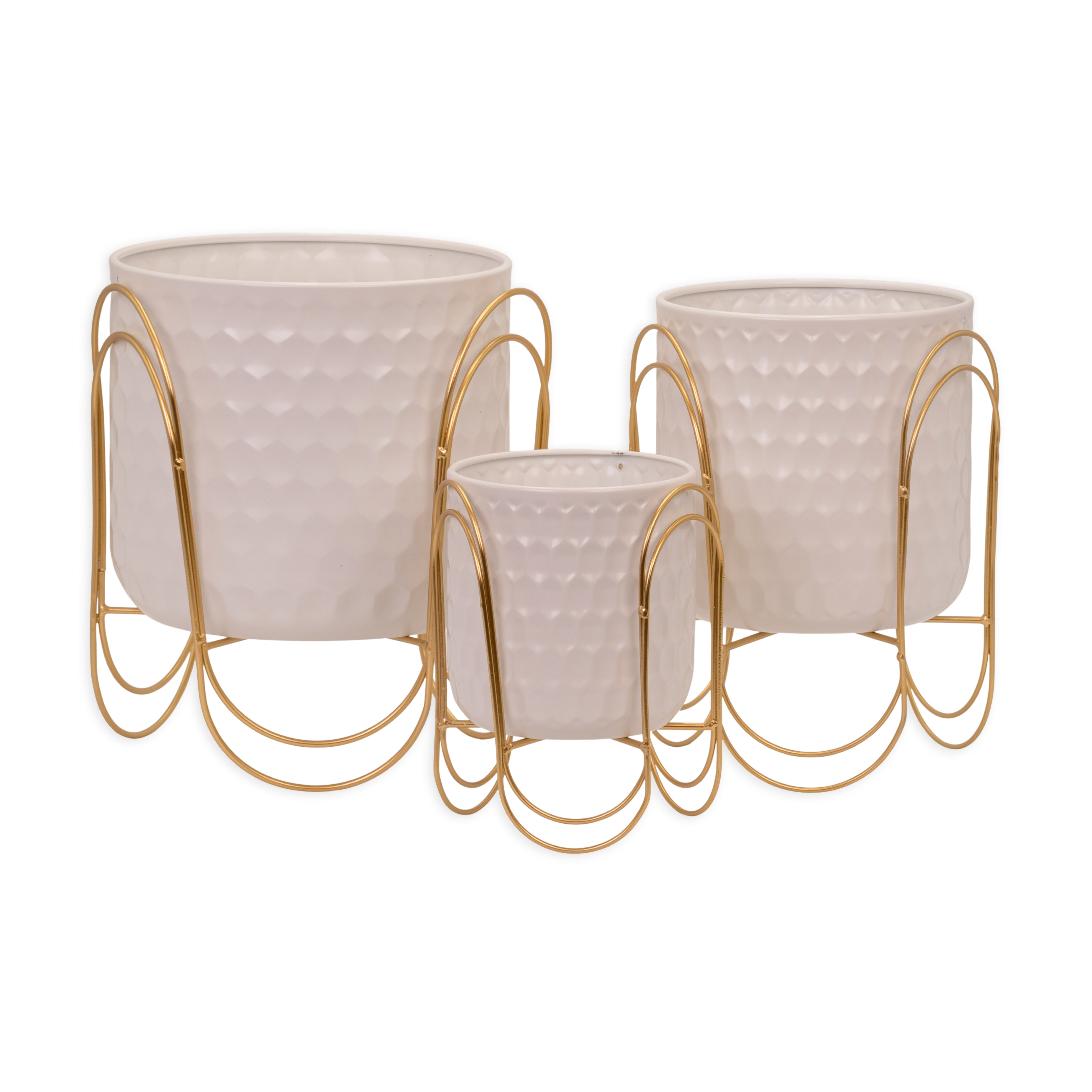 Set 3 portavasi bianchi con struttura color oro, composizioni floreali, allestimento eventi