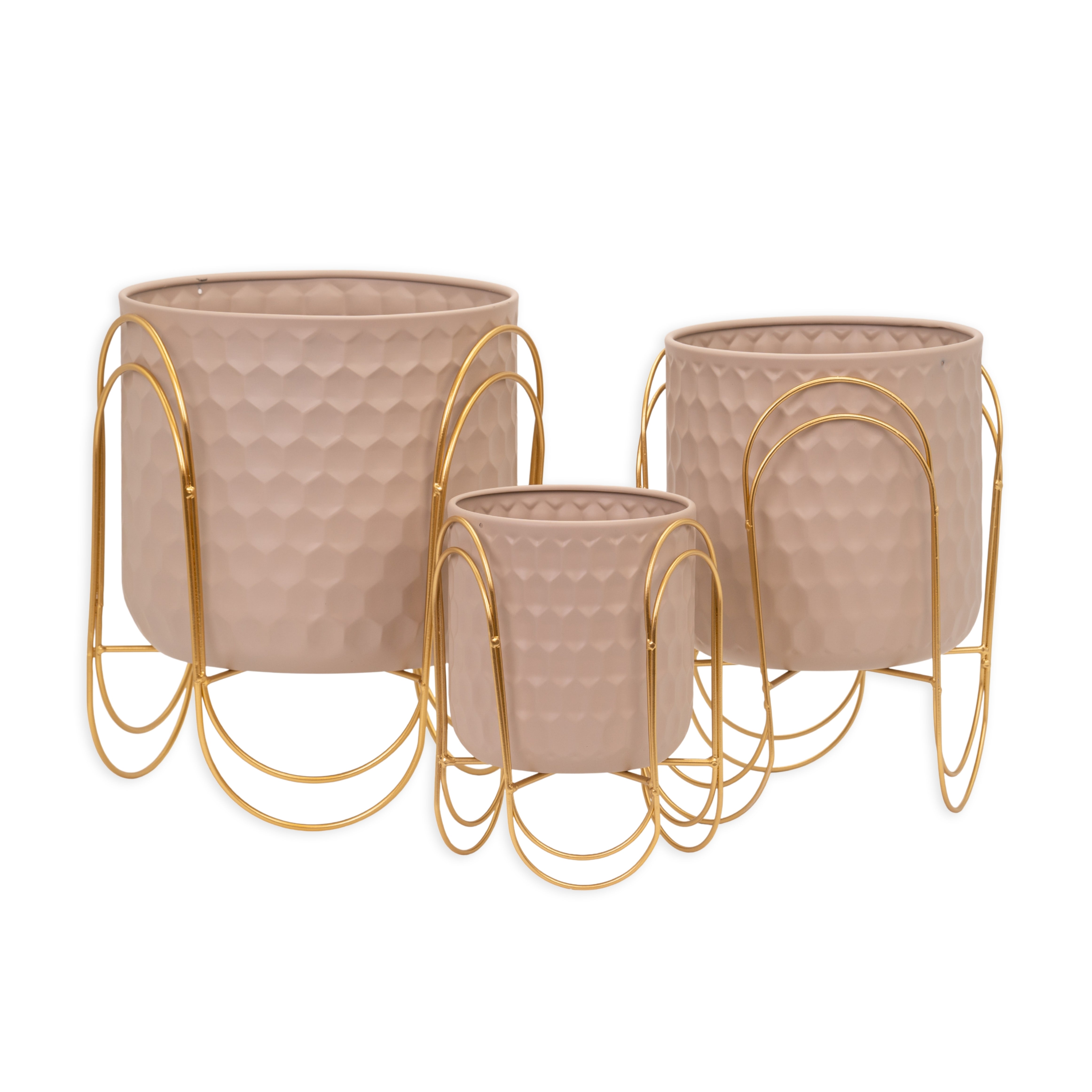 Set 3 portavasi fango con struttura color oro, composizioni floreali, allestimento eventi