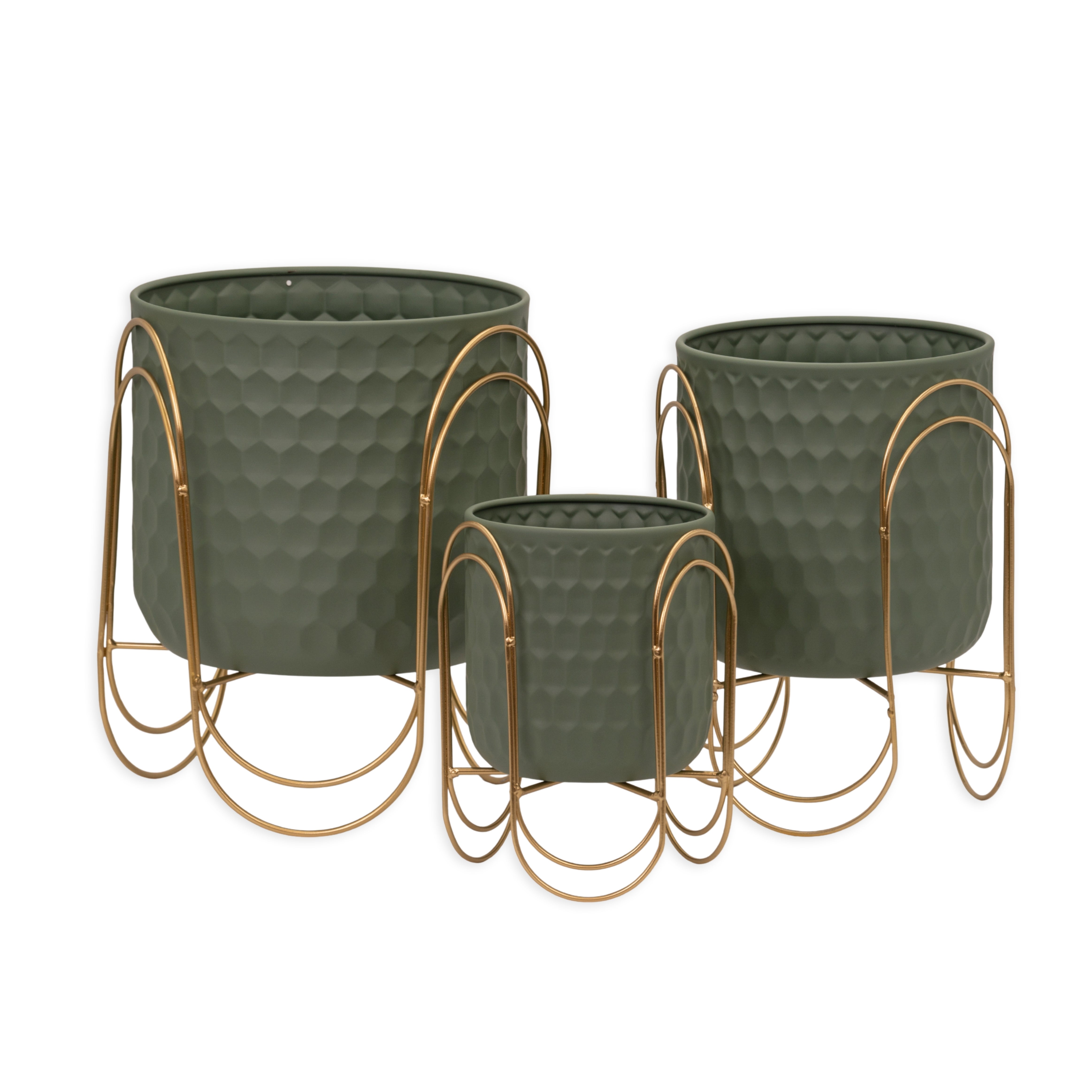 Set 3 portavasi verde scuro con struttura color oro, composizioni floreali, allestimento eventi