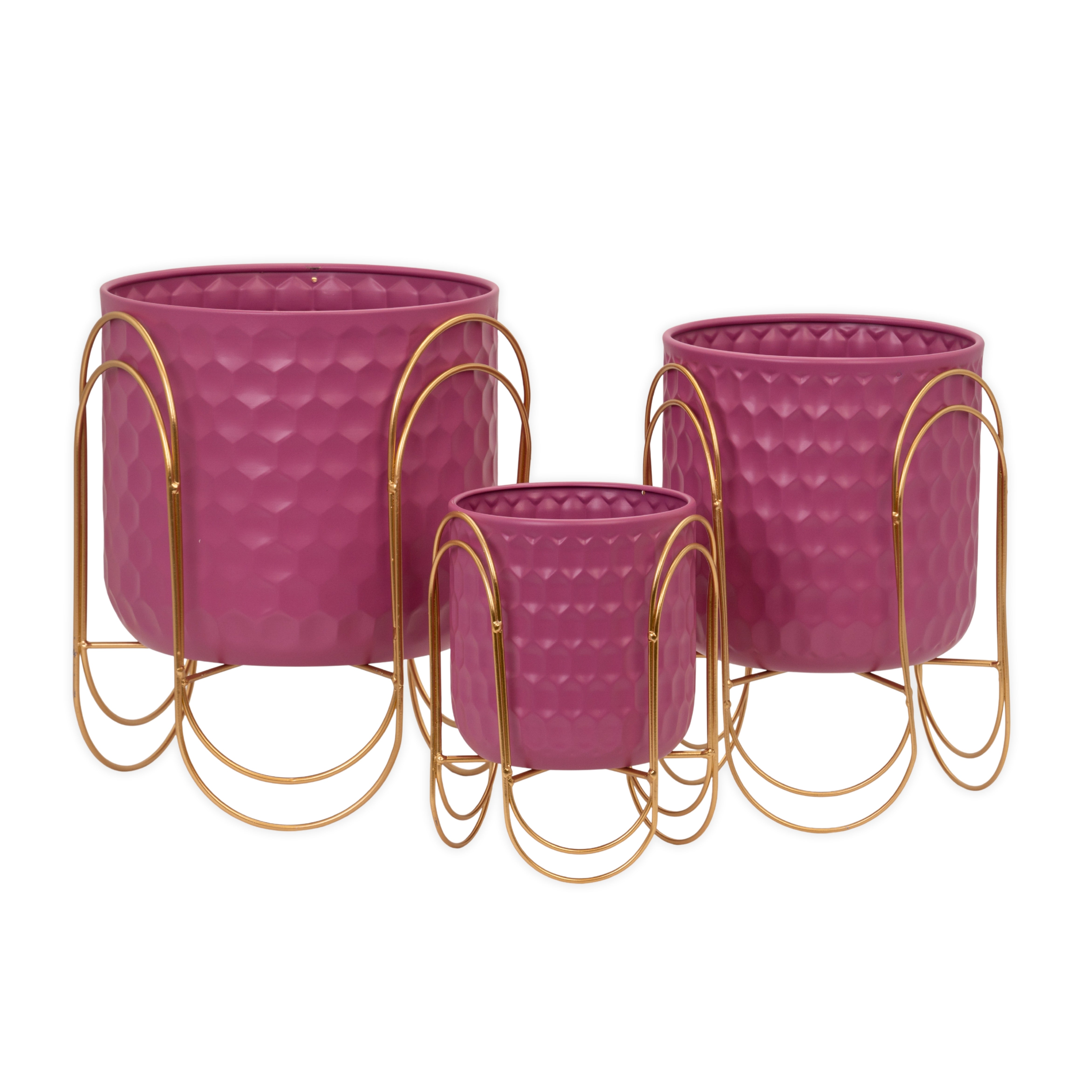 Set 3 portavasi fucsia con struttura color oro, composizioni floreali, allestimento eventi