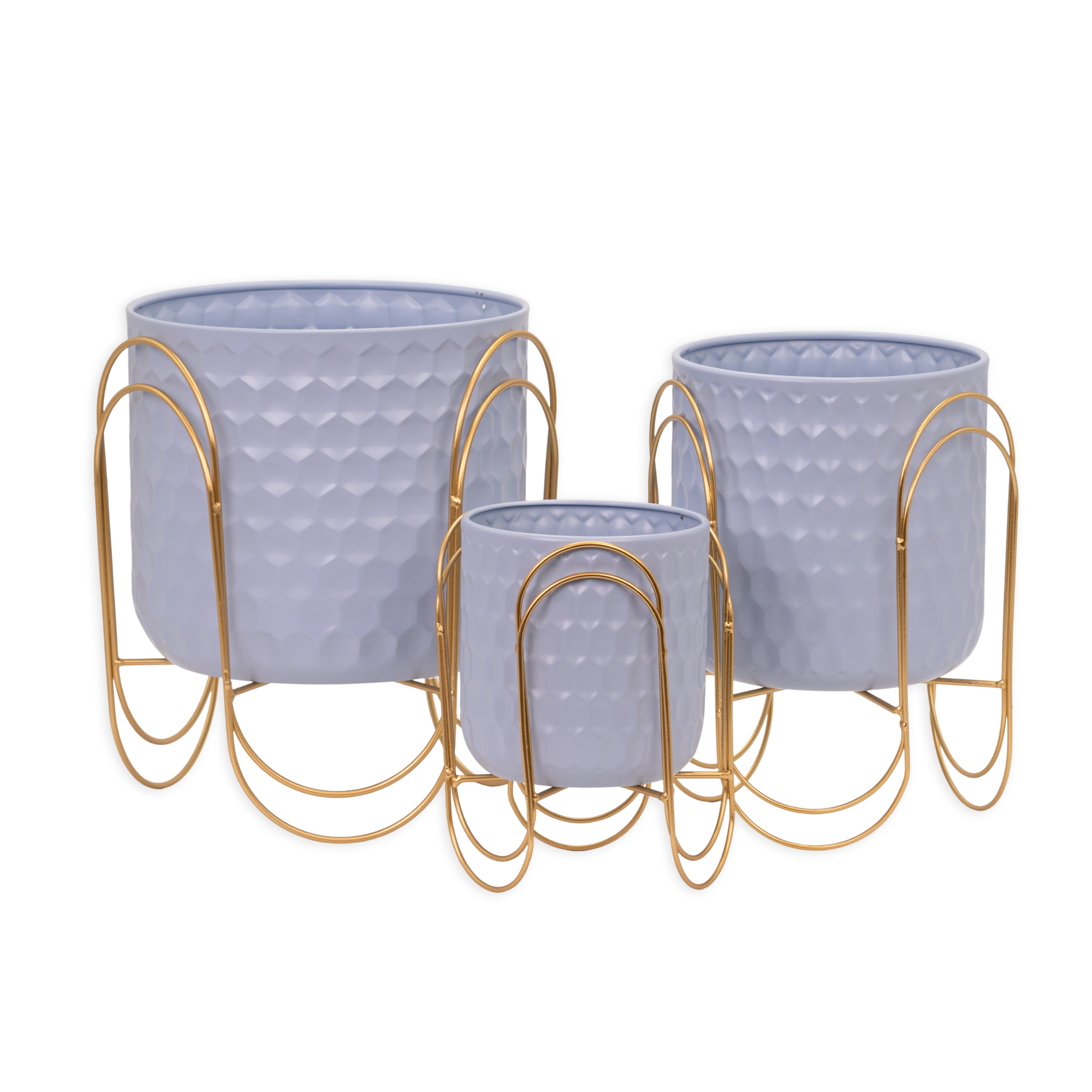 Set 3 portavasi polvere con struttura color oro, composizioni floreali, allestimento eventi