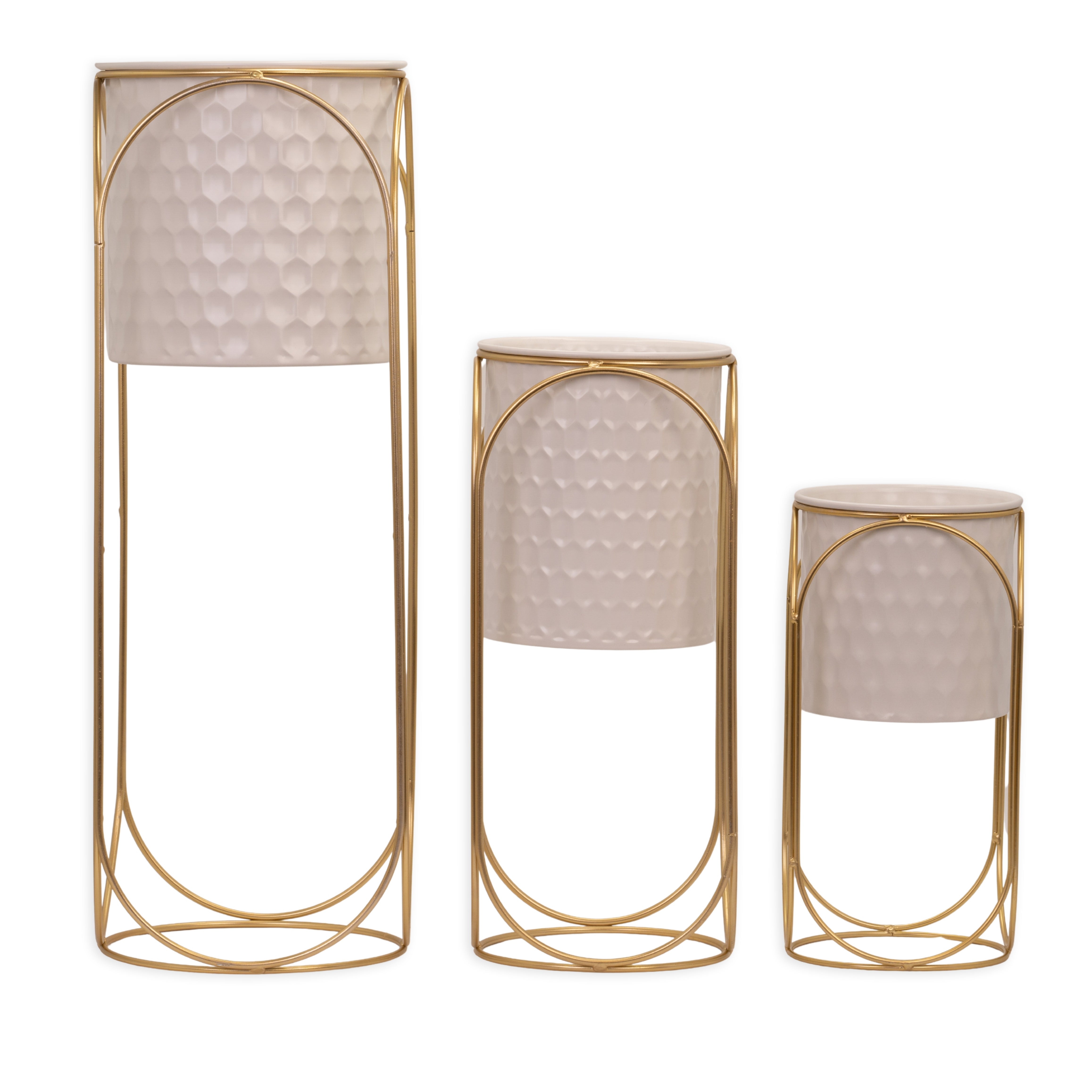 Set 3 portavasi bianchi con struttura color oro, composizioni floreali, allestimento eventi