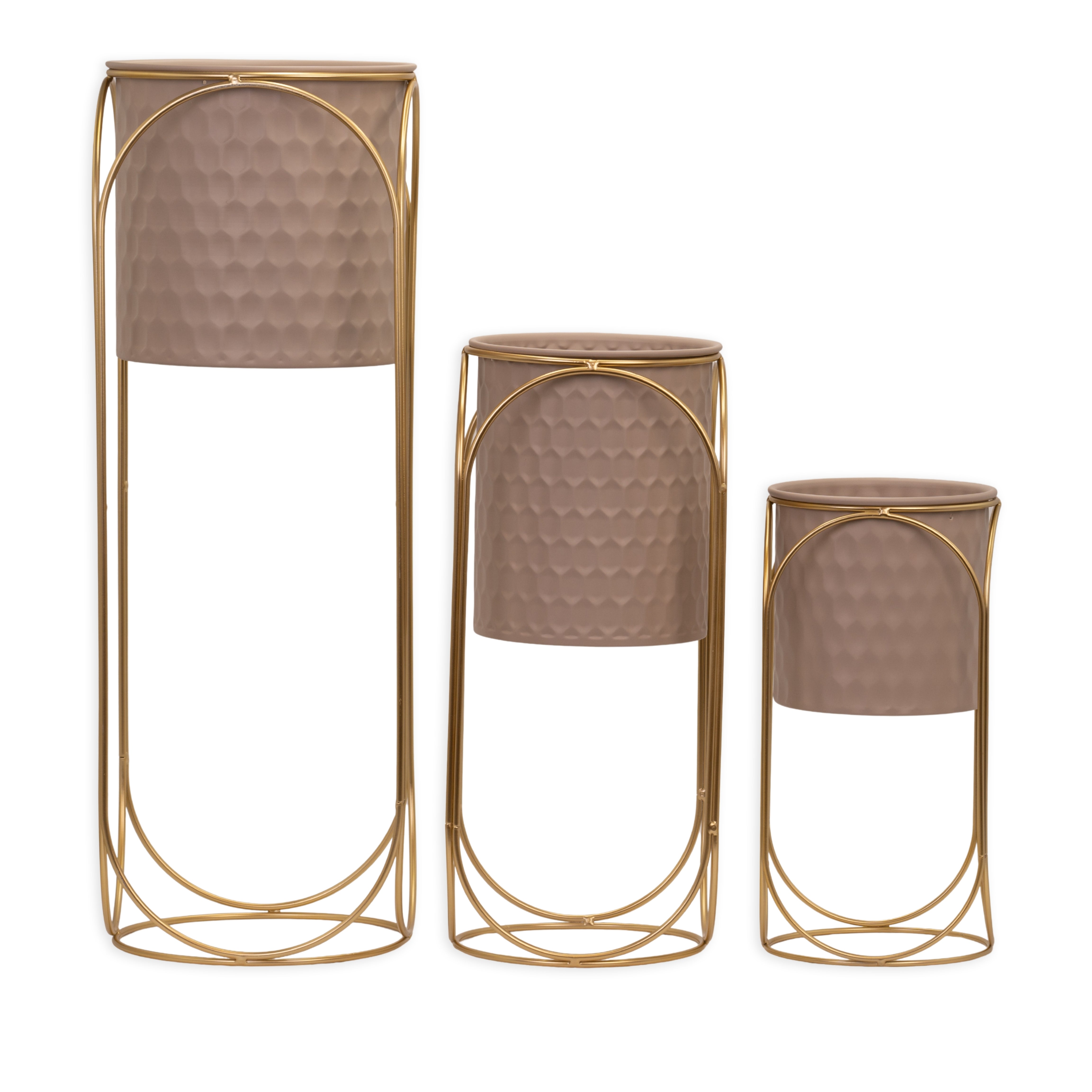 Set 3 portavasi fango con struttura color oro, composizioni floreali, allestimento eventi