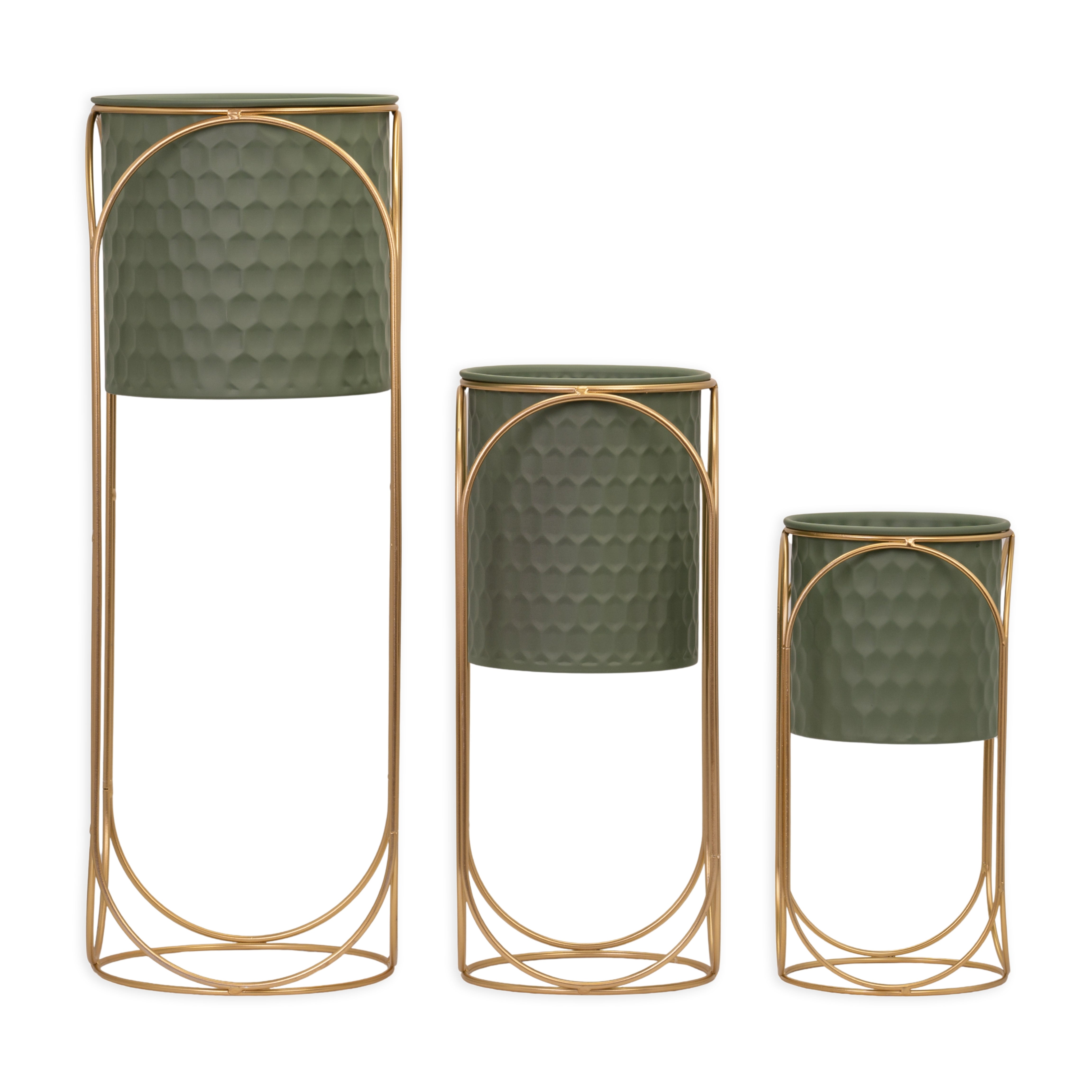 Set 3 portavasi verde scuro con struttura color oro, composizioni floreali, allestimento eventi