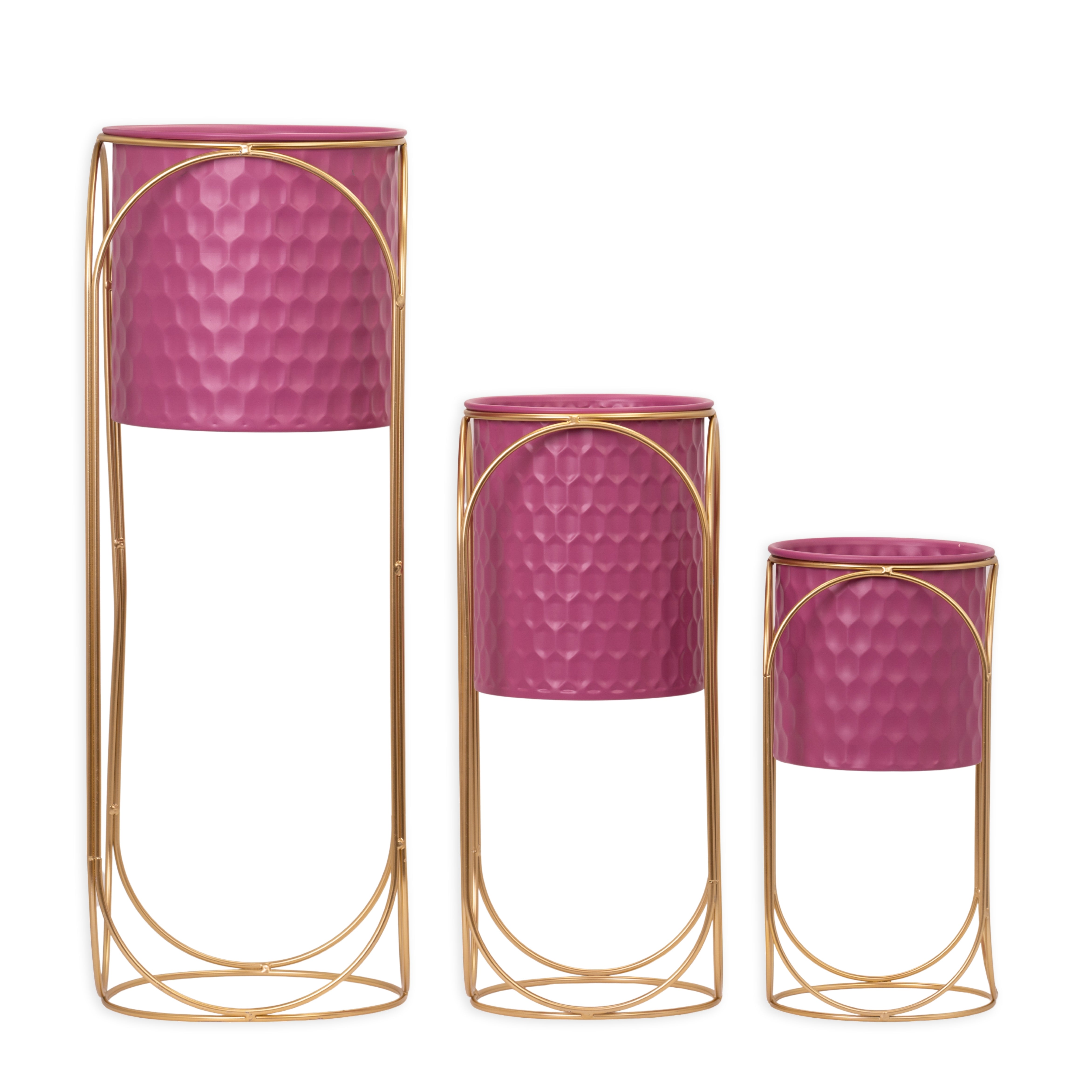 Set 3 portavasi fucsia con struttura color oro, composizioni floreali, allestimento eventi