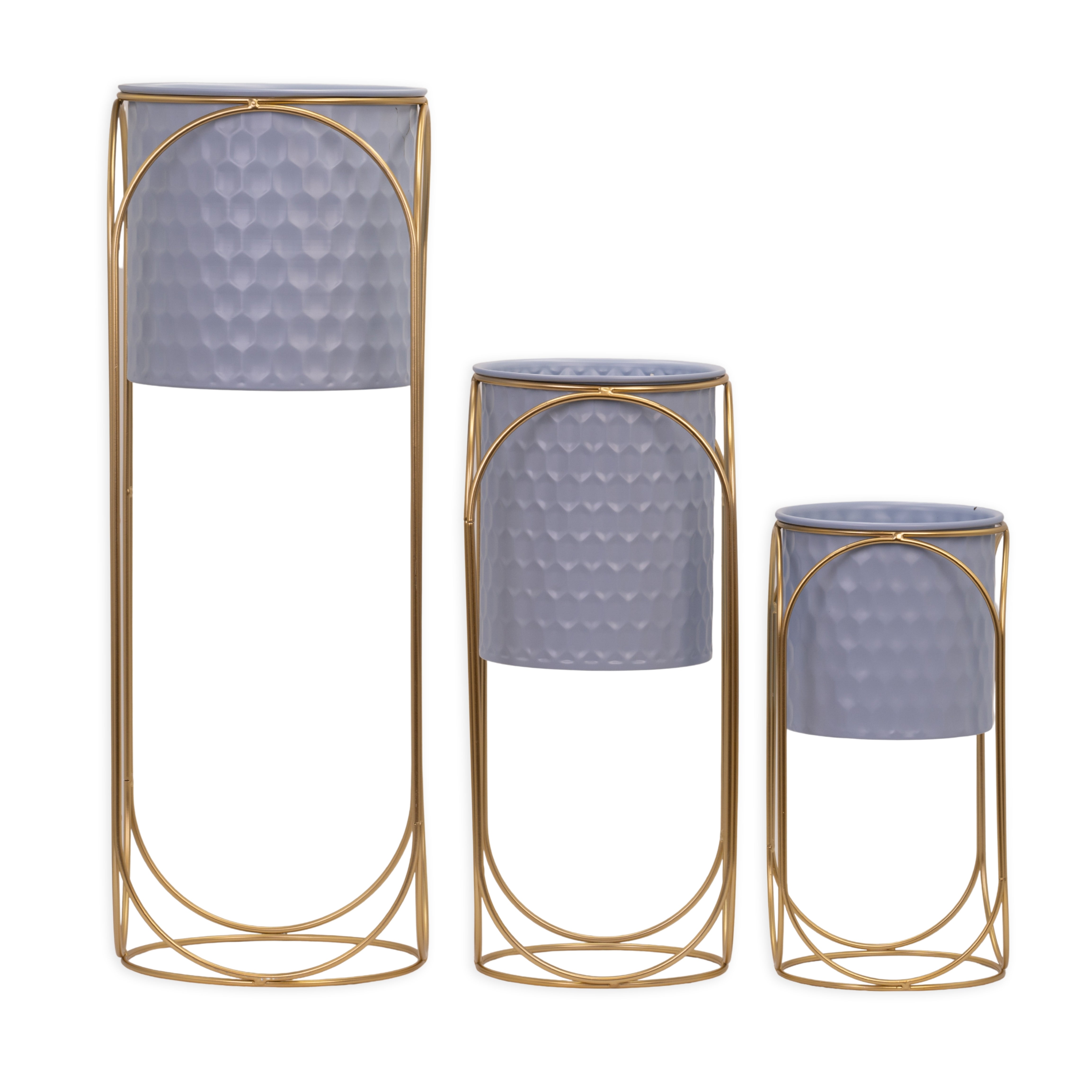 Set 3 portavasi polvere con struttura color oro, composizioni floreali, allestimento eventi
