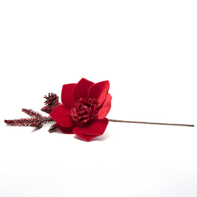 Pick Rosa Rossa in velluto con abetone e pigna, decorazioni Natalizie, confezionamento