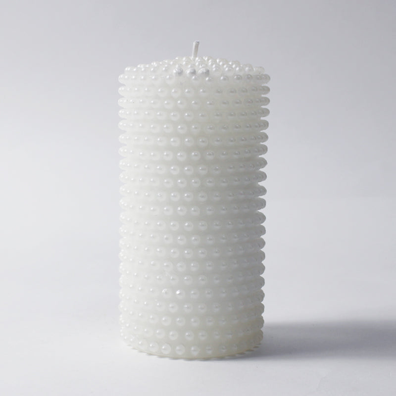 Candela cilindrica Bianca con perle 7CM X 15CM - De Luca Collection