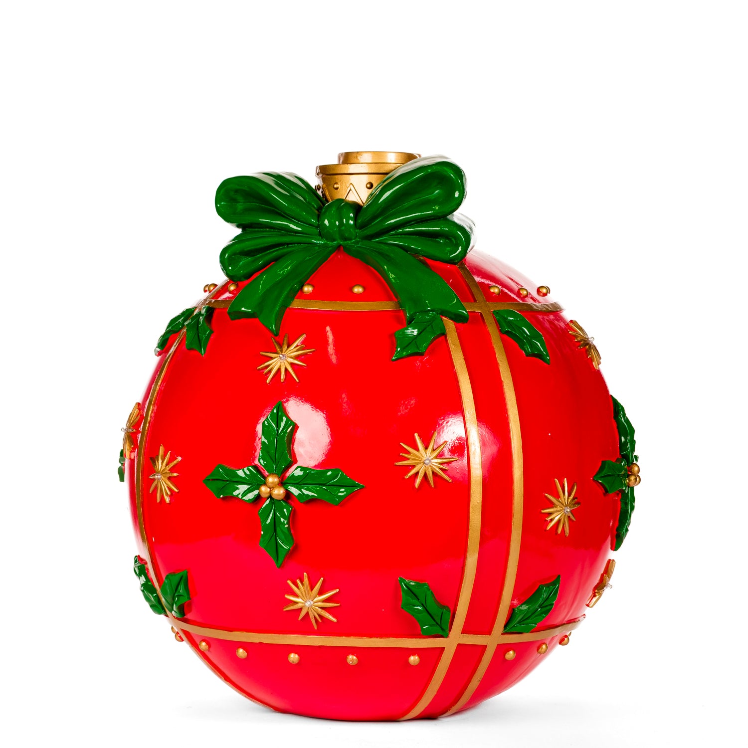 Base albero sfera con fiocco verde, base rossa con luci 51x51x61CM