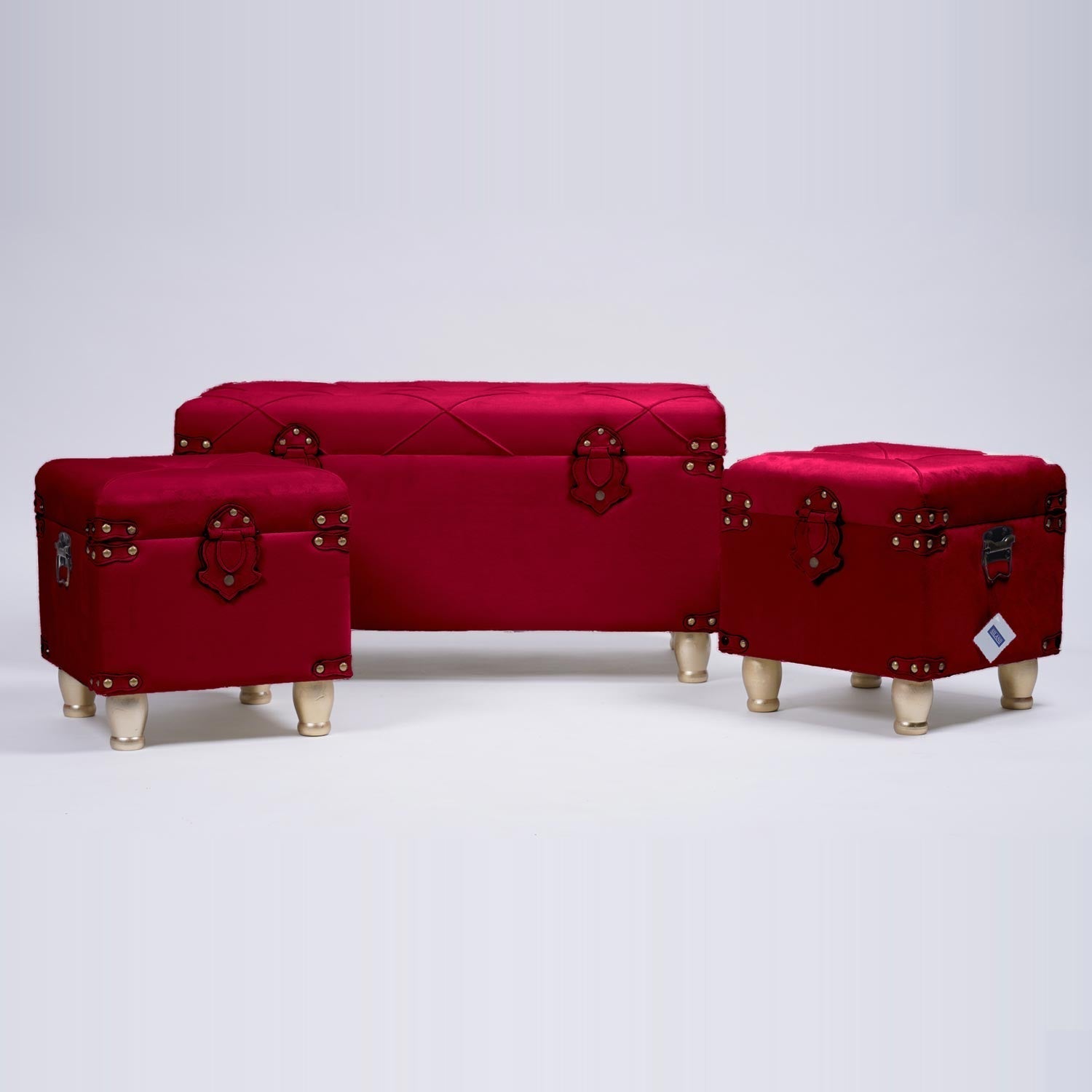 Panca e pouf in velluto Bordeaux set di 3