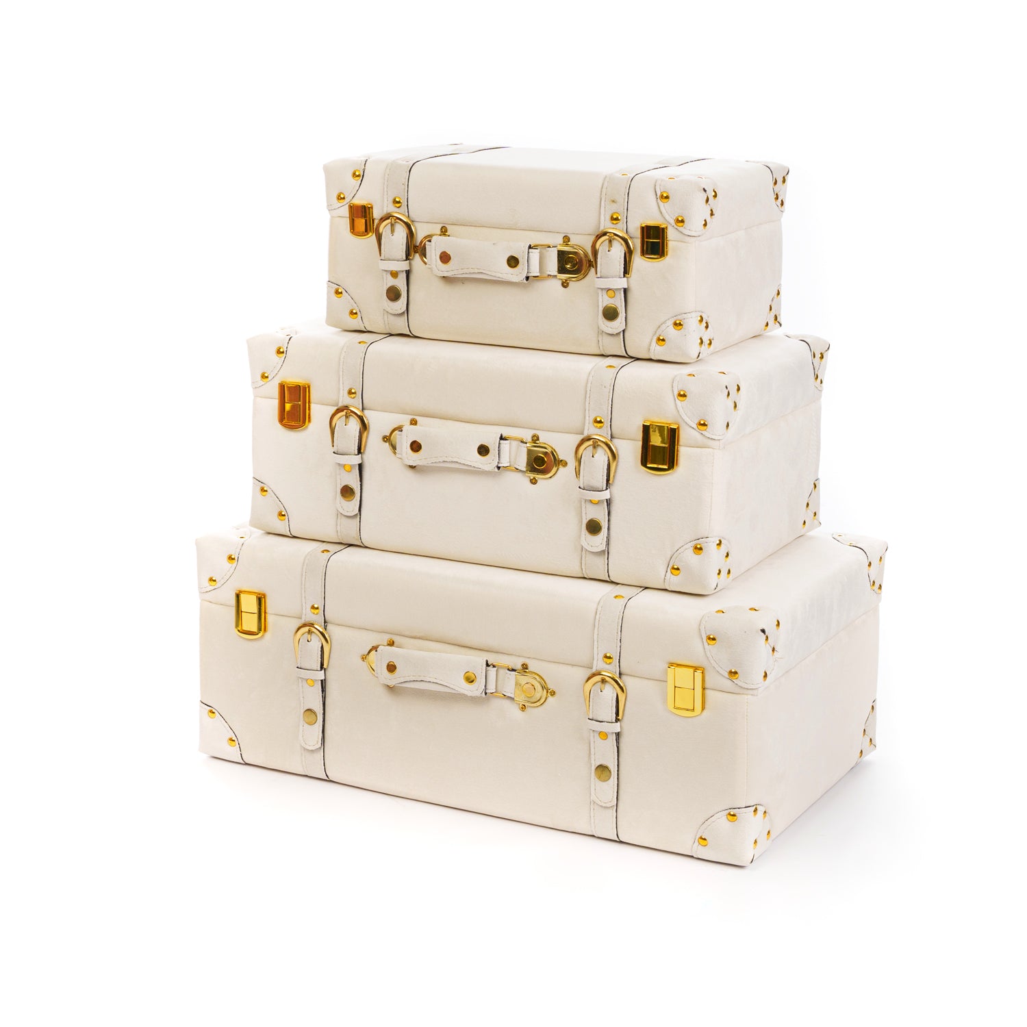 Set 3 bauli a forma di valigia in velluto crema