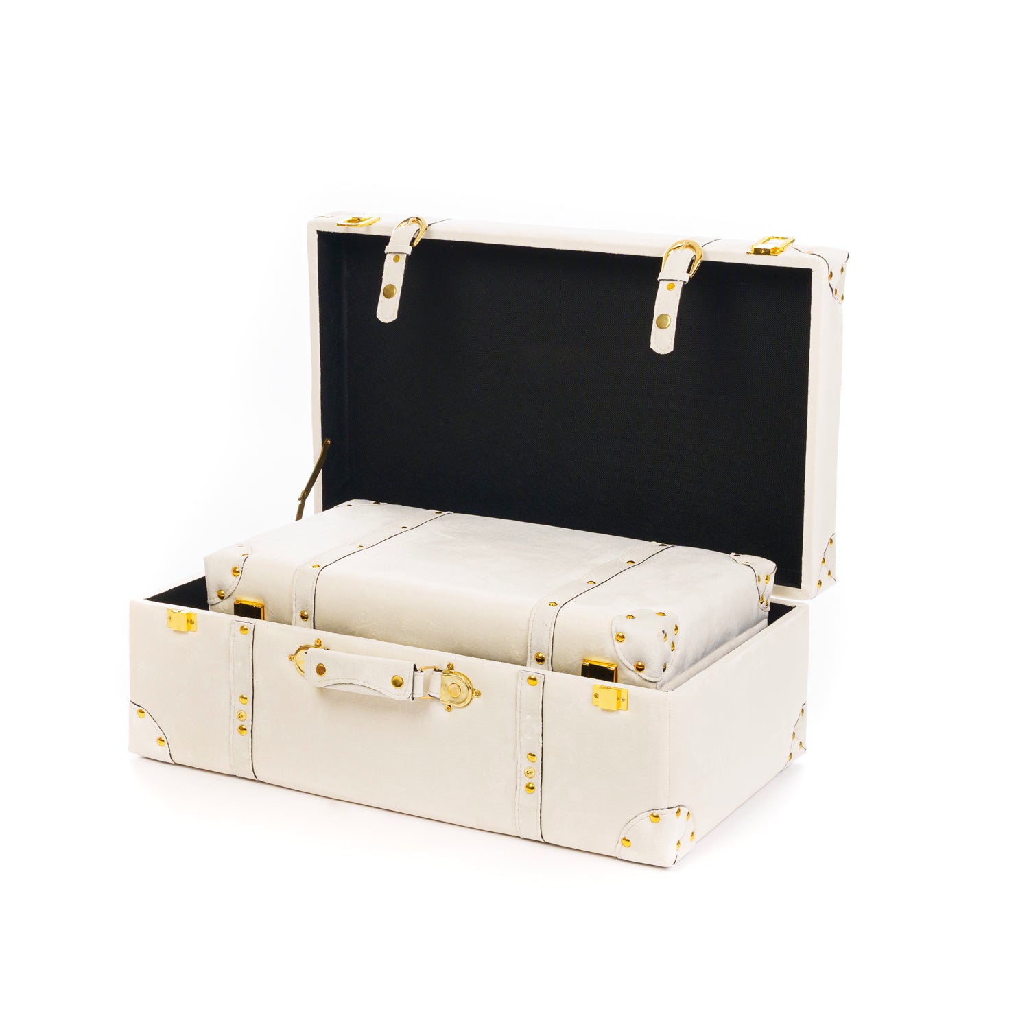 Set 3 bauli a forma di valigia in velluto crema