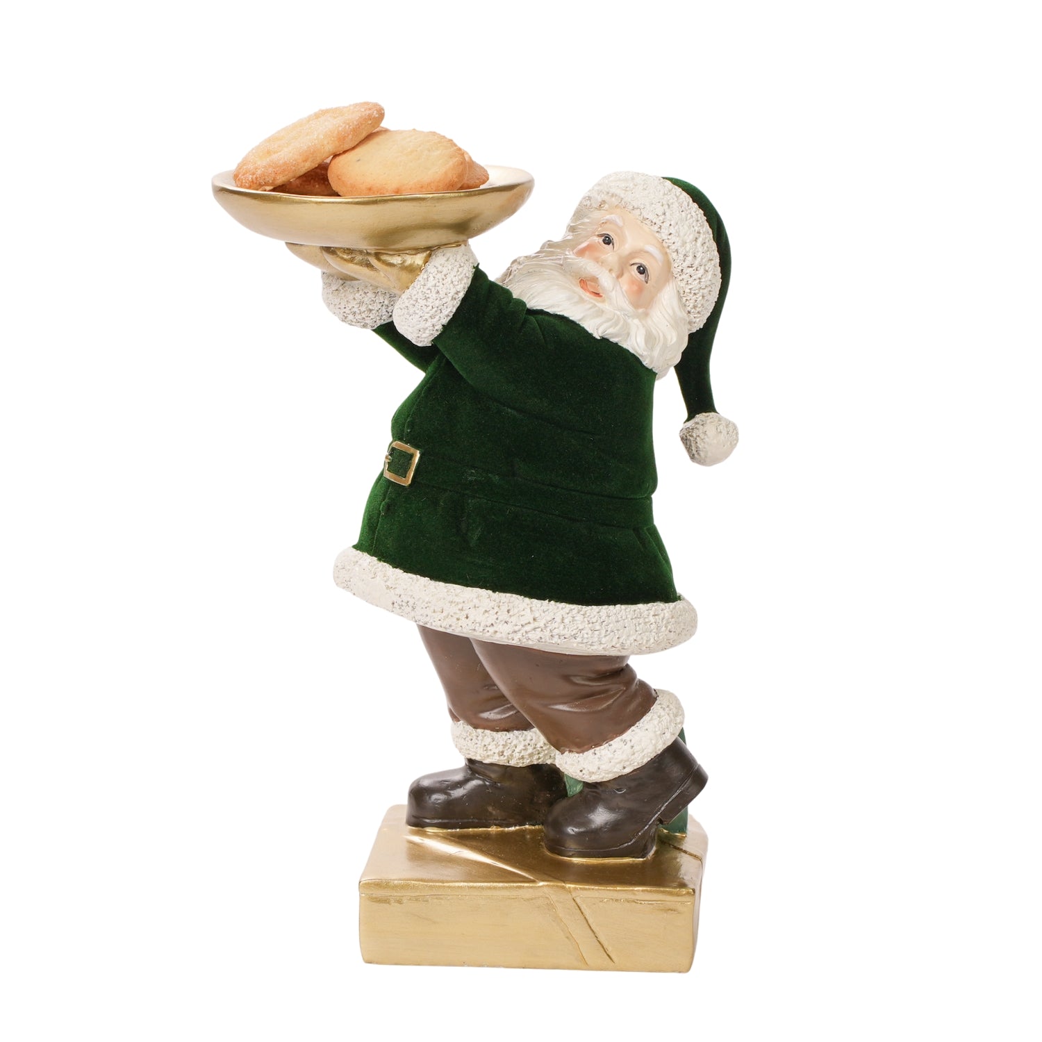 Babbo Natale con vestito in velluto verde e con vassoio da 26CM