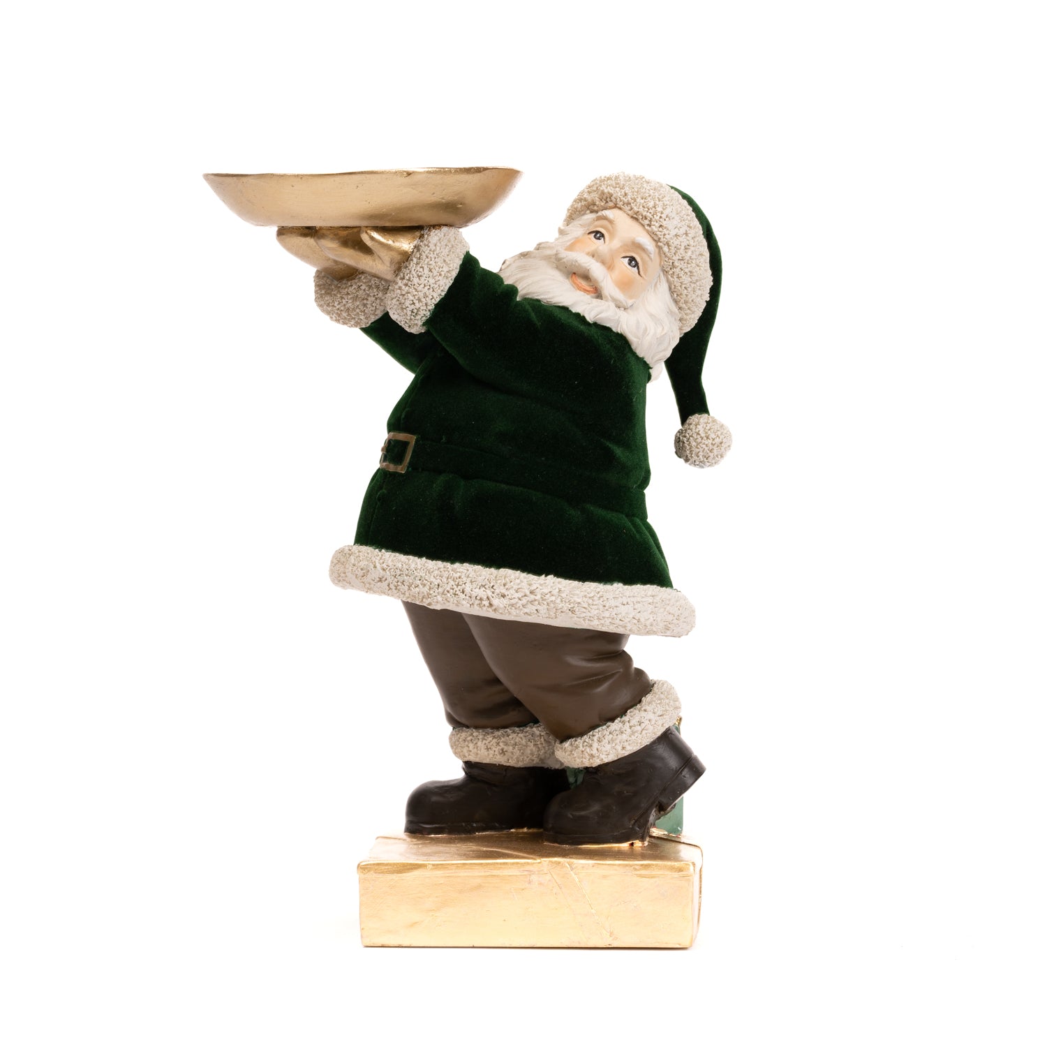 Babbo Natale con vestito in velluto verde e con vassoio da 26CM